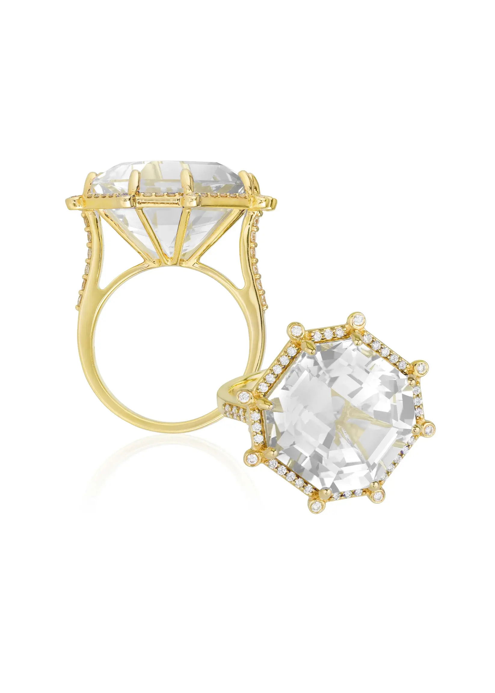 Designed to dazzle from every angle, this octagonal ring is a celebration of precision, presence, and personality.18k Yellow gold-Rock crystal, 7.05cts-Diamonds, 0.37ctsItem# 200-2000157 'Gossip' Rock Crystal & Diamond Ring