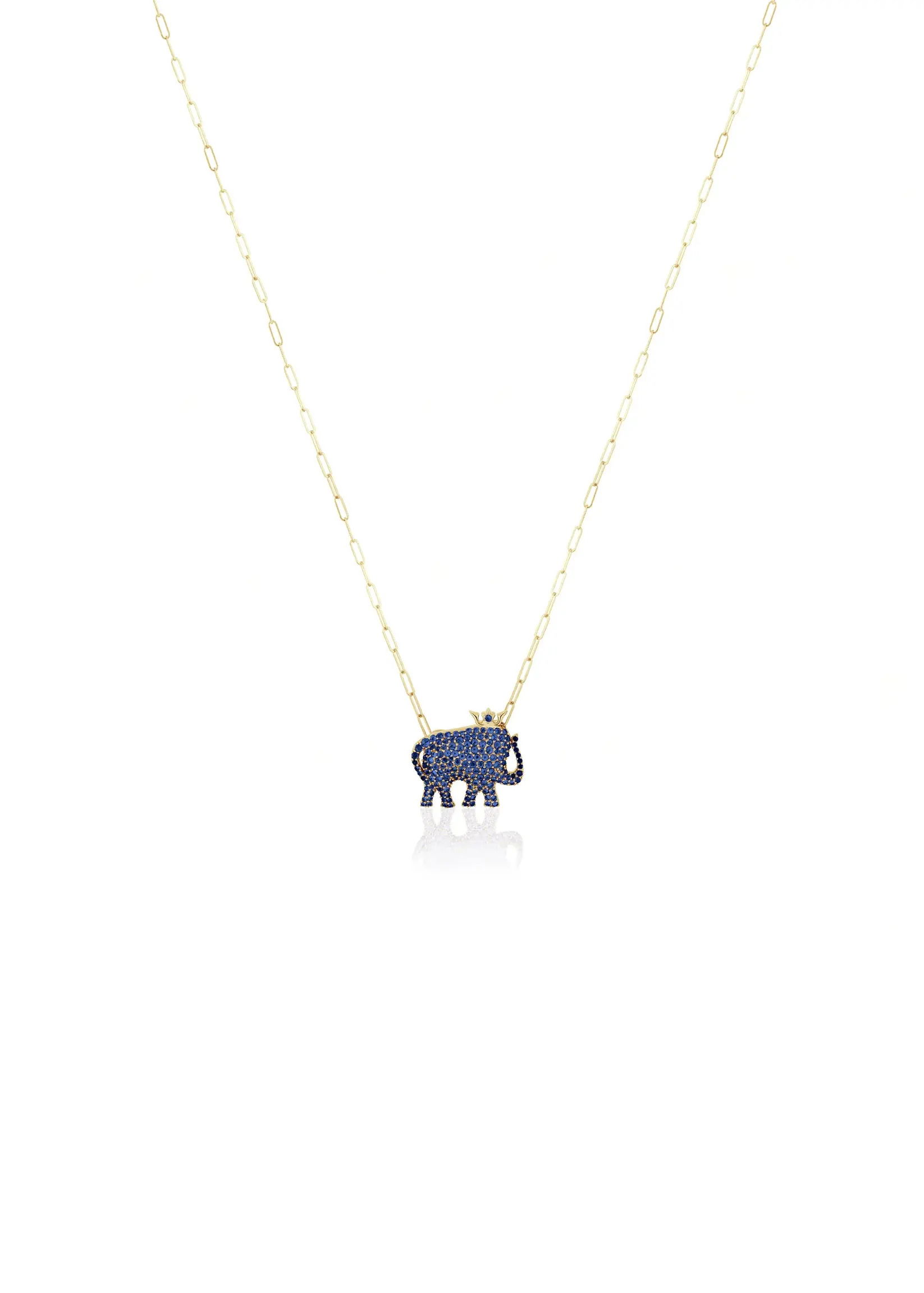 A charming symbol of strength and grace, this Limited Edition crowned elephant pendant makes a bold yet whimsical statement.18k Yellow gold-Blue sapphires, 0.87ctsItem# 235-2000044 'Limited Edition' Blue Sapphire Elephant Necklace