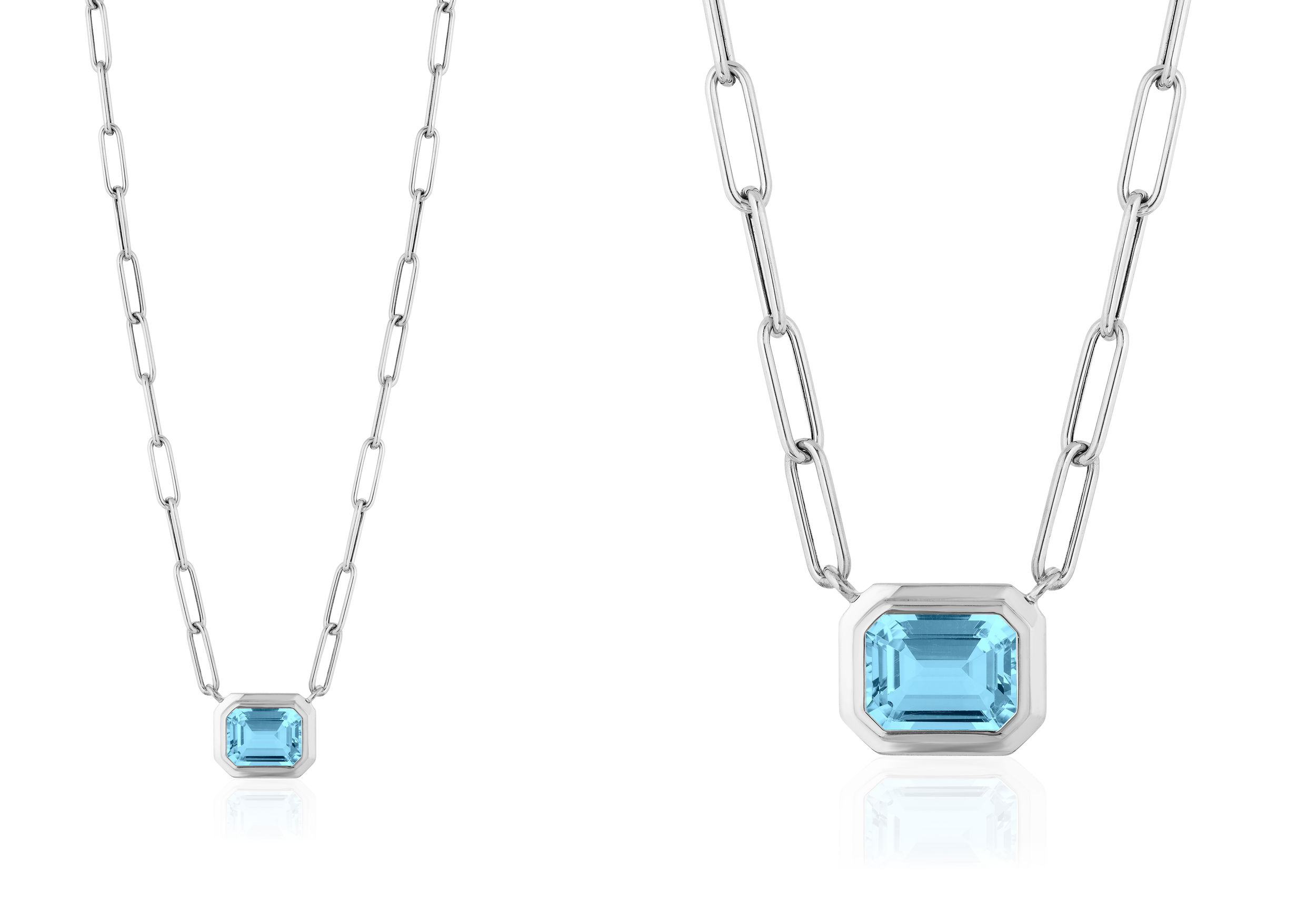 Designed for the modern woman, this fine jewelry pendant makes a sophisticated statement-whether layered with other pieces or worn solo for a minimalist look.-18k White gold-Sky blue topaz, 2.75ctsItem# 235-2000046 'Manhattan' Blue Topaz Necklace