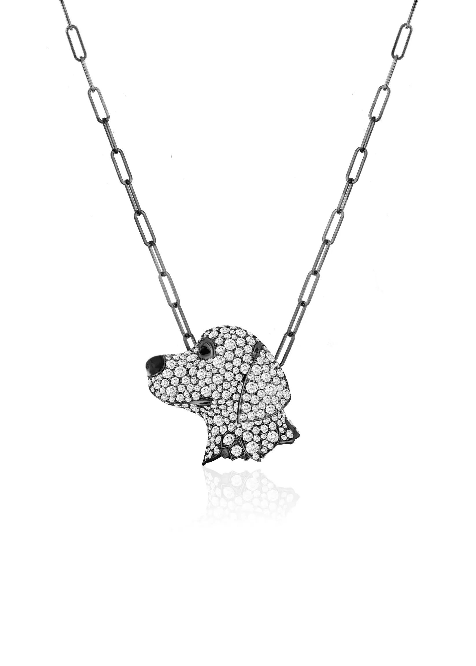 A sparkling ode to loyalty — this dog pendant captures the faithful spirit of man's best friend in every detail.18k White gold-White sapphires, 5.35cts-Onyx, 0.50ctsItem# 235-2000048 'Ark' White Sapphire & Onyx Dog Necklace