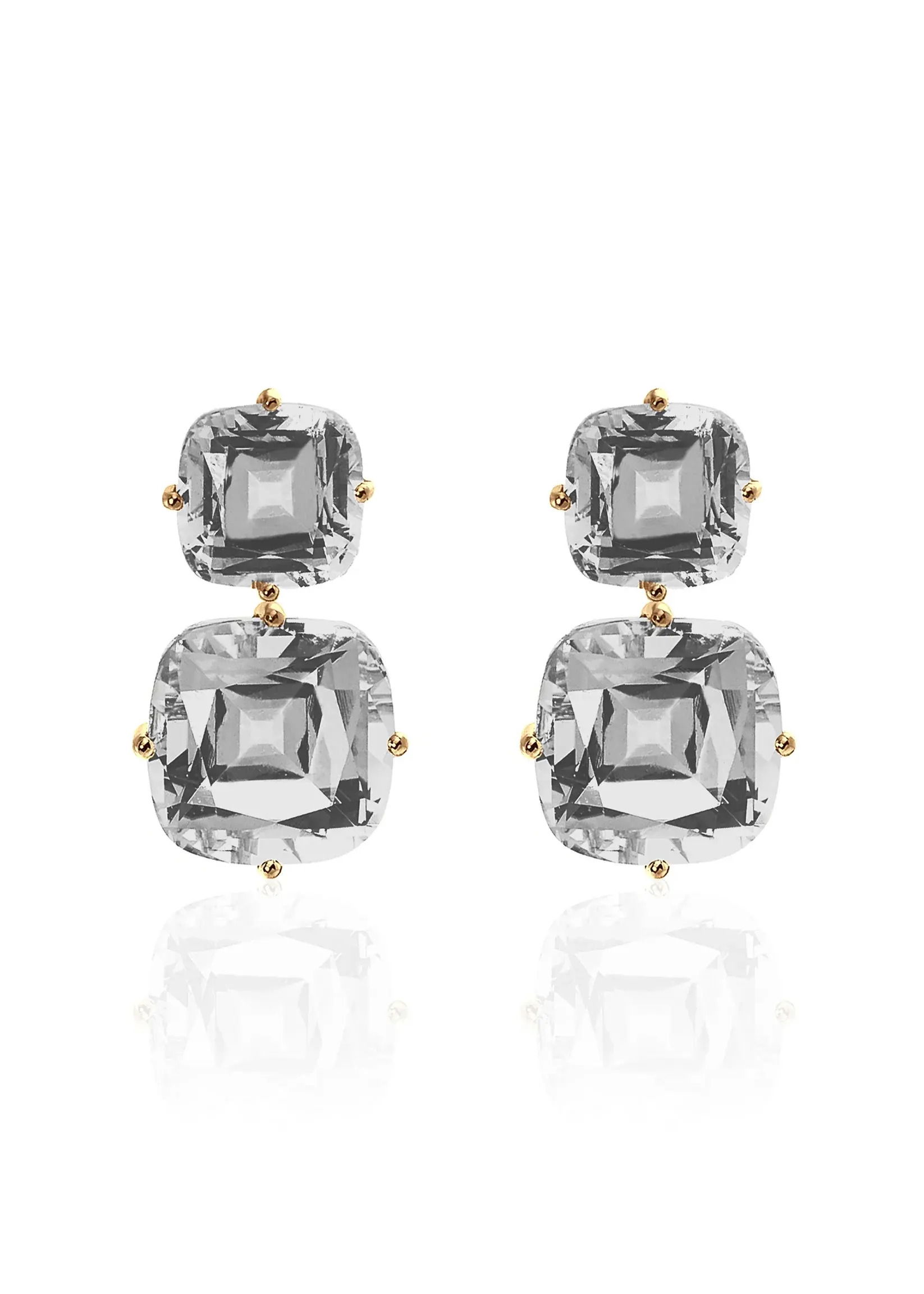 An artful balance of symmetry and sparkle, created for the collector who craves timeless beauty.18k Yellow gold-Quartz, 27.71ctsItem# 210-2000089 'Gossip' Quartz Cushion Drop Earrings