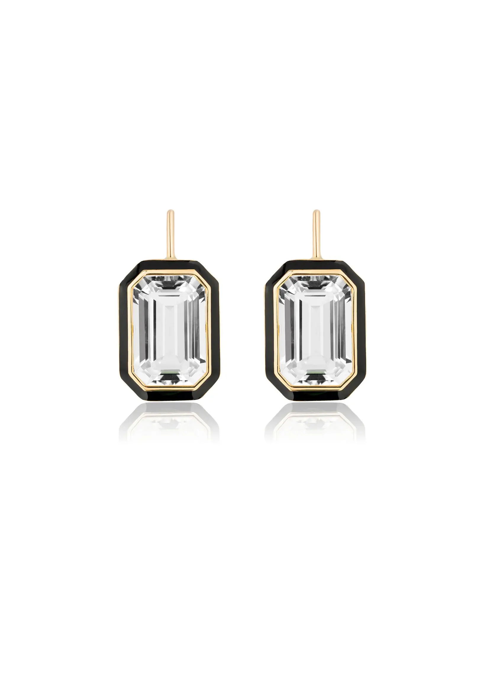 A quiet brilliance framed in bold precision-these earrings hold light like a secret, their silhouette sculpted with intention and edged in a whisper of enamel.18k Yellow gold-Quartz, 7.42ctsItem# 210-2000090 'Queen' Quartz and Enamel Drop Earrings
