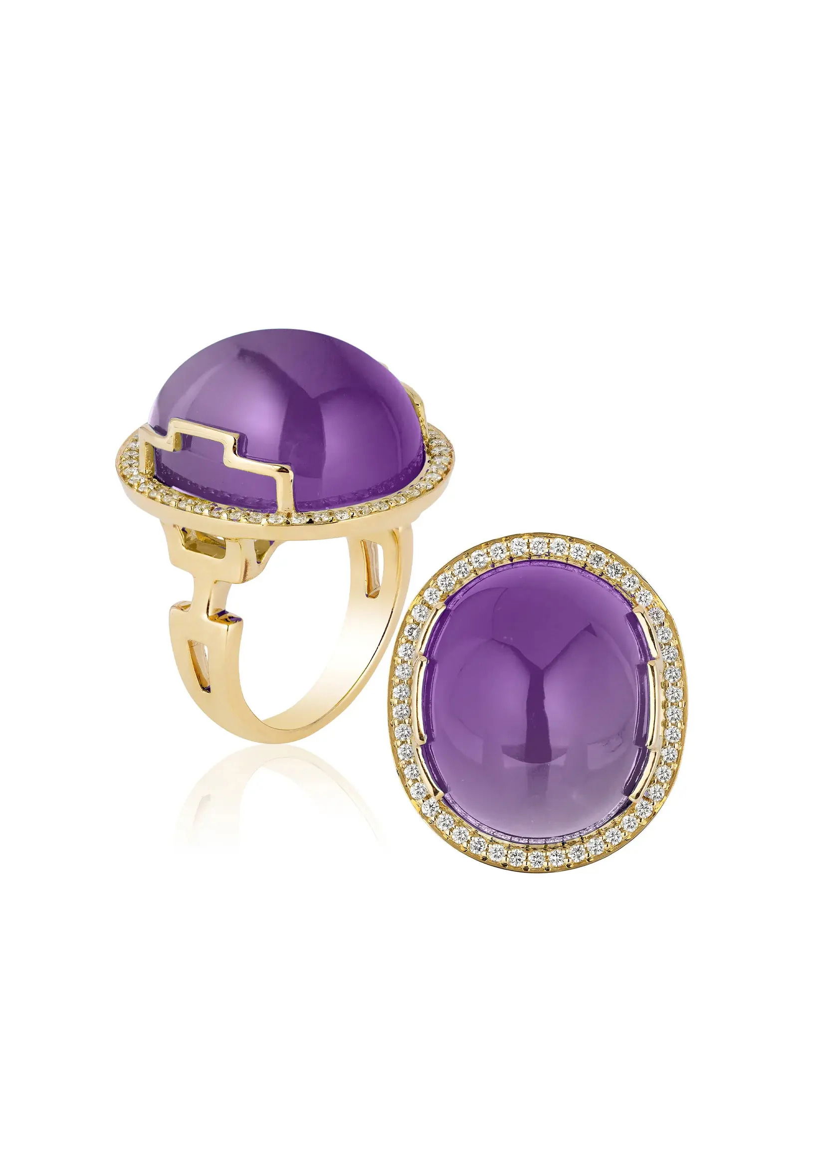 A sculptural statement with attitude — this dome cabochon ring channels Rock 'n Roll energy through sharp architectural prongs, a sleek split-shank silhouette, and a full halo of pave that hits all the high notes.18k Yellow gold-Amethyst, 22.22cts-Diamonds, 0.32ctsItem# 200-2000162 'Rock-N-Roll' Amethyst Cabochon Ring