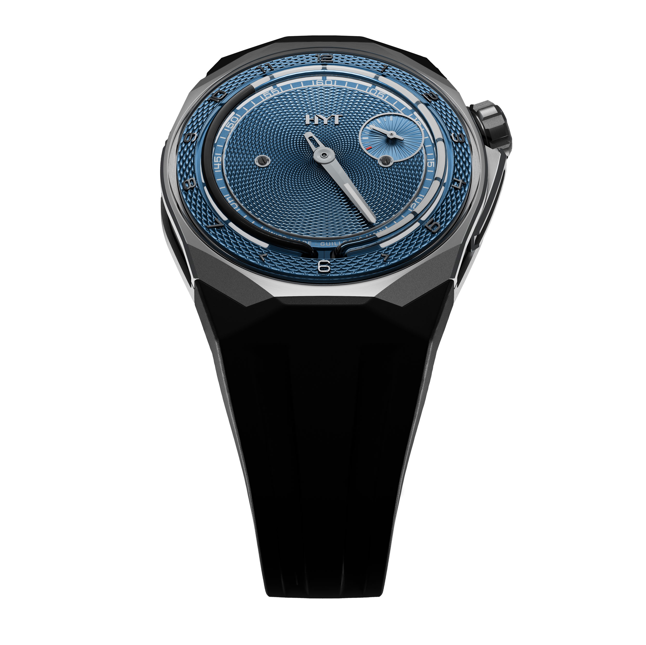 HYT’s T1 Titanium Guilloché presents a pharaonic design principle with a centuries-old decorating technique, showcasing a harmonious blend of eras. As the only watchmaker employing fluid-display technology, HYT remains at the forefront of horological innovation with its distinctive and unconventional timepieces.Key Feaures:Retrograde Black Fluidic Hours, Minutes, 72 Hour Power Reserve IndicatorCase: Satin Finished TitaniumDial: Blue guilloche. Black liquid inside borosilicate capillary tubeMovement: Hand-wound (Caliber 501-CM 352 pieces)Width: 45.30 mm. Thickness: 17.20 mm. Water-resistant: 50 metersBuckle: Titanium pin buckle T1 Guilloched Metier d'Art