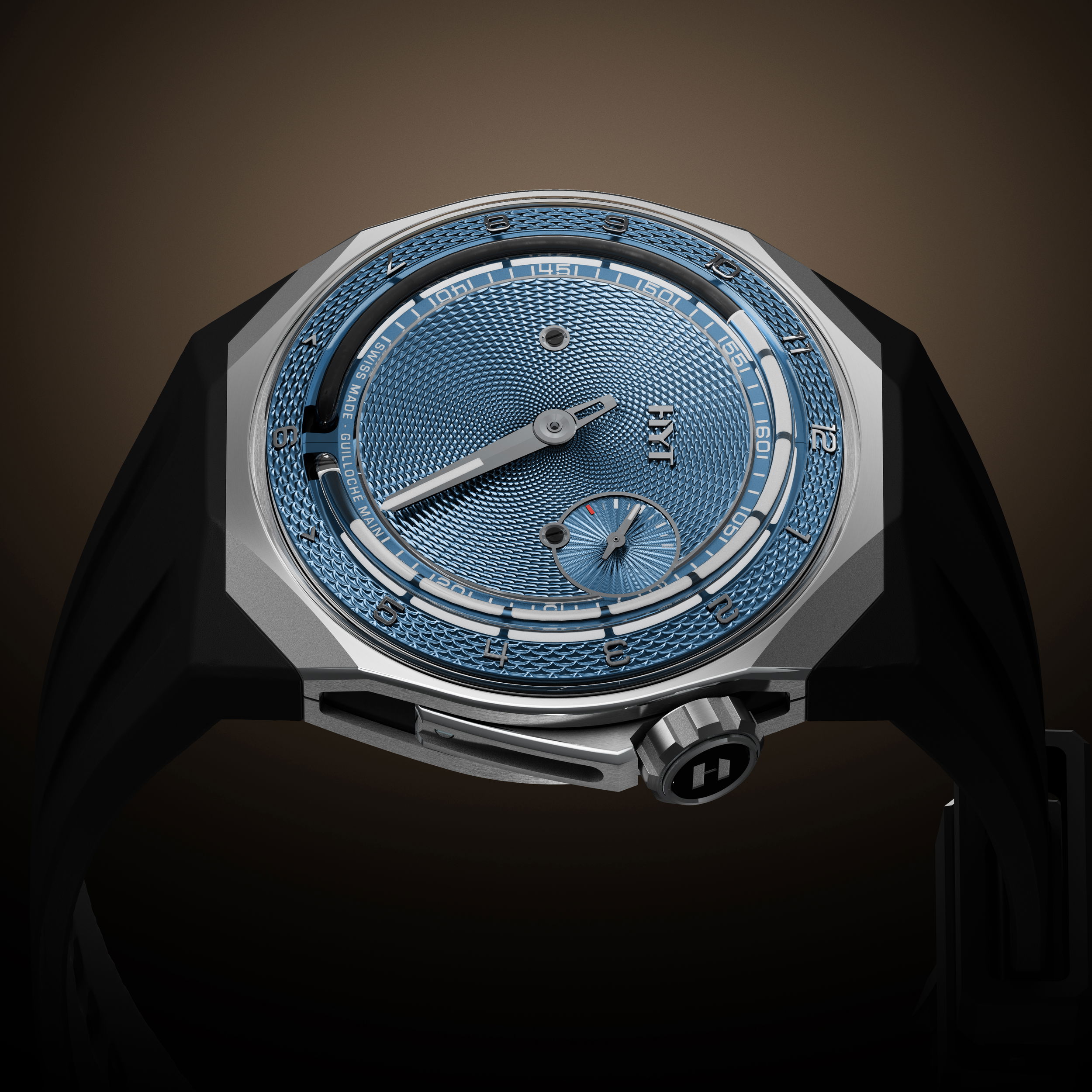 HYT’s T1 Titanium Guilloché presents a pharaonic design principle with a centuries-old decorating technique, showcasing a harmonious blend of eras. As the only watchmaker employing fluid-display technology, HYT remains at the forefront of horological innovation with its distinctive and unconventional timepieces.Key Features: Retrograde Black Fluidic Hours, Minutes, 72 Hour Power Reserve IndicatorCase: Satin Finished TitaniumDial: Blue guilloche. Black liquid inside borosilicate capillary tubeMovement: Hand-wound (Caliber 501-CM 352 pieces)Width: 45.30mm. Thickness: 17.20mm. Water-resistant: 50 metersBuckle: Titanium pin buckle T1 Guilloched Metier d'Art