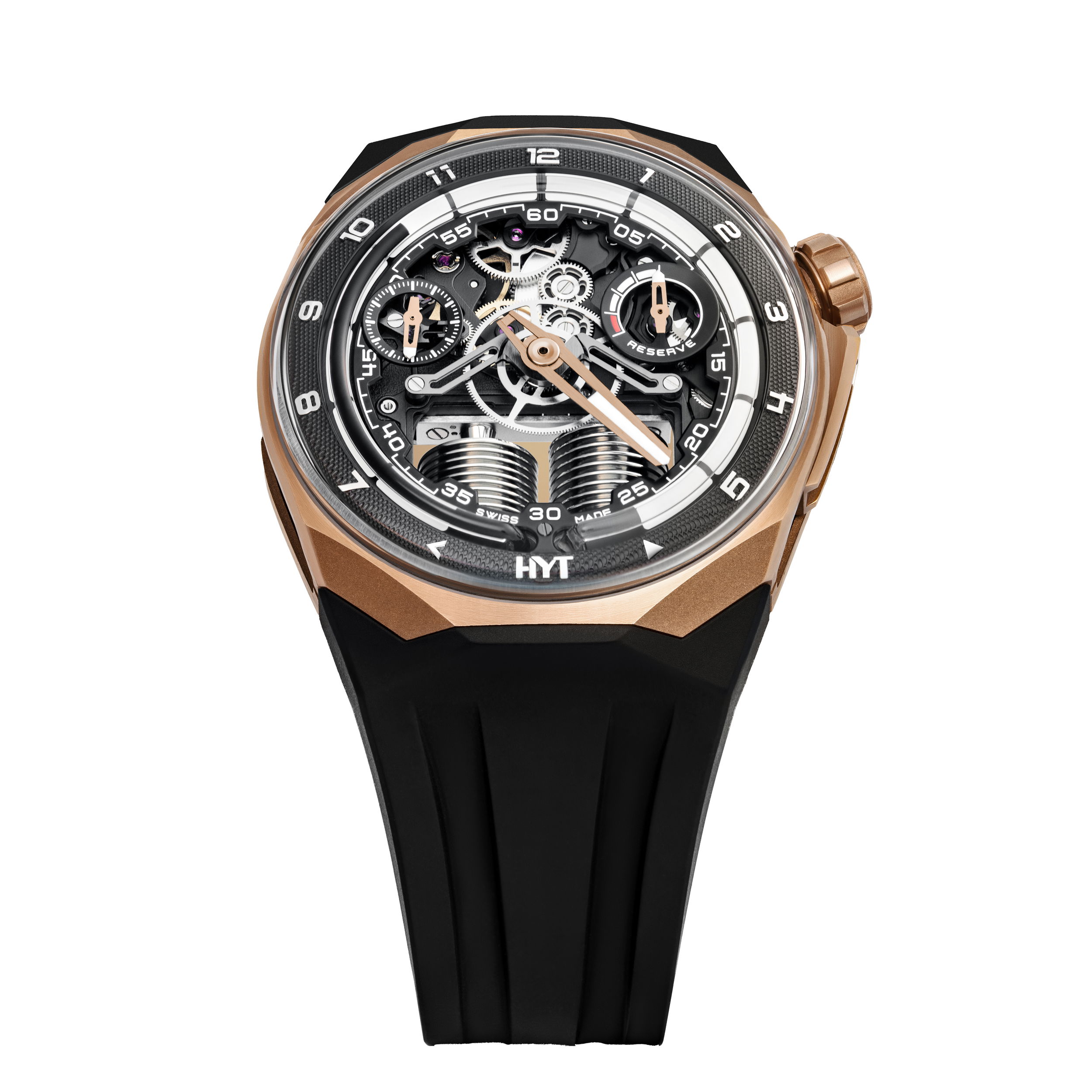 HYT has partnered with artist Fally Ipupa to release the limited-edition S1 5N Gold “Fally Ipupa,” a timepiece bearing her signature. As the only watchmaking company utilizing fluid-display technology, HYT continues to push the boundaries of horological innovation with its unique timepieces.Key Features:Retrograde Fluidic Hours System; Annual Calendar; Moon PhaseIndicator Case: 5N Gold & titanium black DLC case 5N Gold crownDial: Black coated brass- Rhodium plated appliques, White & Red decals, SLN White C1 / WL- Black liquid inside borosilicate capillary tubeMovement: Hand-wound 501-CM (352 pieces)72 hour Power ReserveWidth: 45.30 mm.Thickness: 17.20mm. Water-resistant: 50 metersLearn More: S1 5N Gold Titanium "Fally Ipupa" S1 5N Gold Titanium "Fally Ipupa"