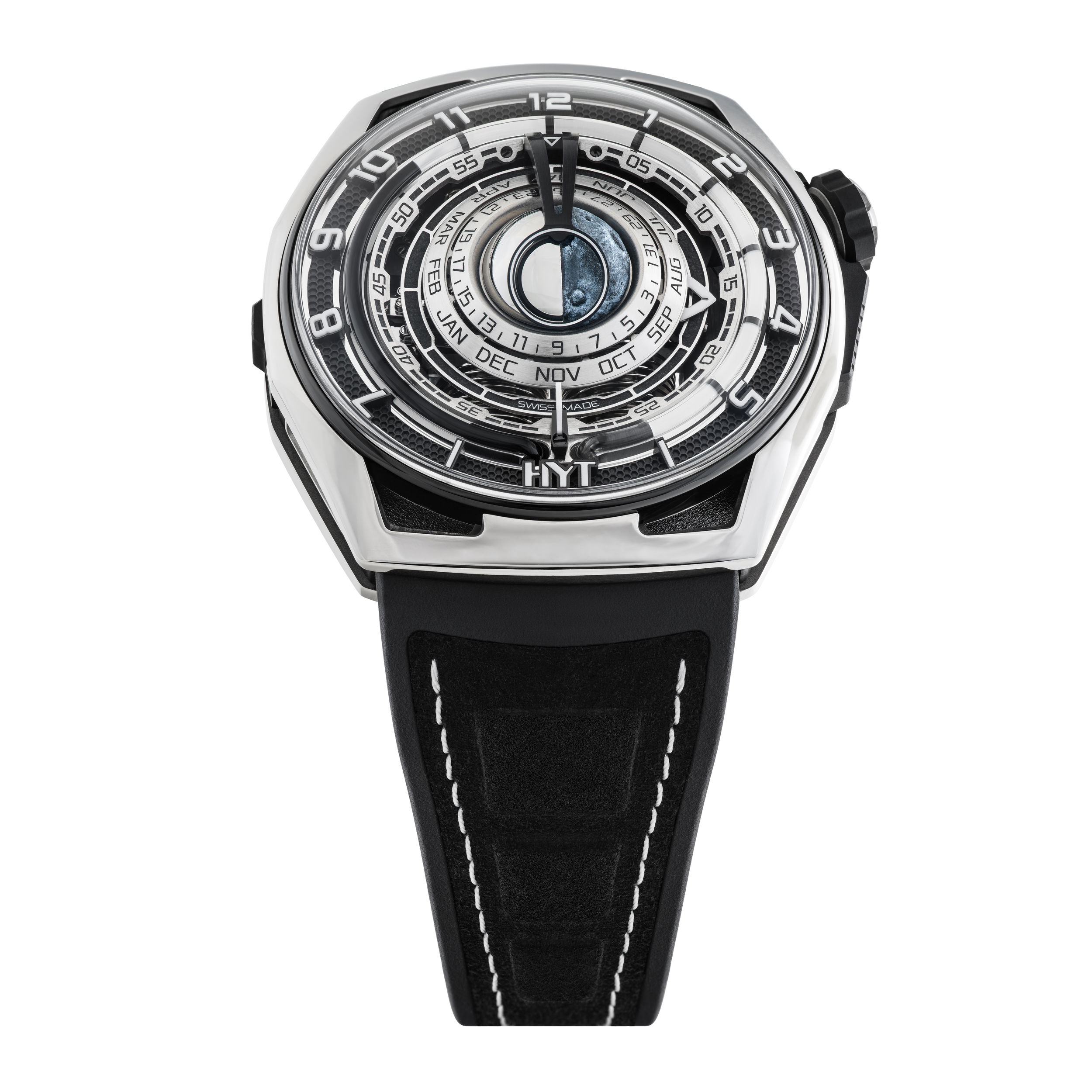 HYT’s Moon Runner Ghost, 11/15 limited-edition, masterfully combines fluidic timekeeping with delicate miniature painting to deliver a strikingly innovative and take on the classic Moon Phase complication.Key Features:Retrograde Fluidic Hours System; Annual Calendar; Moon Phase IndicatorCase: Titanium and CarbonDial: Titanium indexes and date displays; Super luminova and titanium moon phase indicatorMovement: Hand-wound (Caliber 601-MO) 72 hour Power ReserveWidth: 48.00 mm. Thickness: 17.20mm. Water-resistant: 30 metersBuckle: Titanium pin buckleLearn More: HYT’s Moon Runner Ghost Moon Runner Ghost