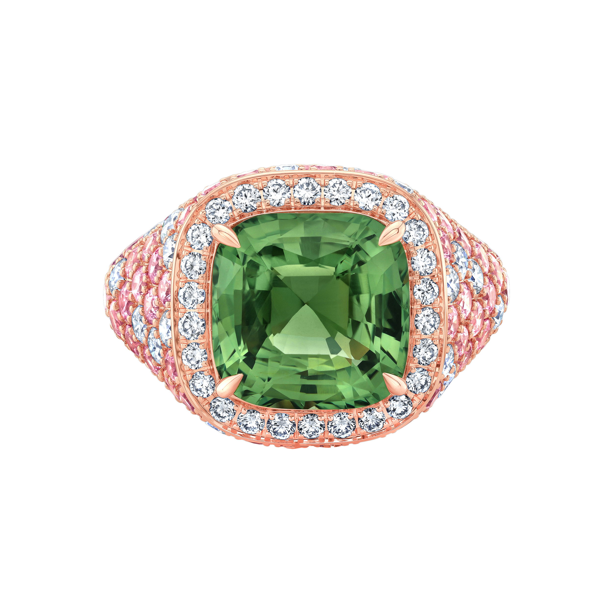 Discover the exquisite rarity of the Celebration Ring by Robert Procop of Beverly Hills — a masterfully crafted statement of elegance and meaning. At its center is an exceptional 8.04ct cushion-cut green sapphire, a gem of remarkable depth and color. It’s beautifully accented by vibrant pink sapphires and brilliant white diamonds, all set in rich 18k red gold for a warm, luxurious finish.-18k Red gold -Green sapphire, 8.04ct-Pink sapphires, 3.44cts-Diamonds, D-F/VS+ 1.65cts Item# 804-2000313 Green Sapphire Celebration Ring