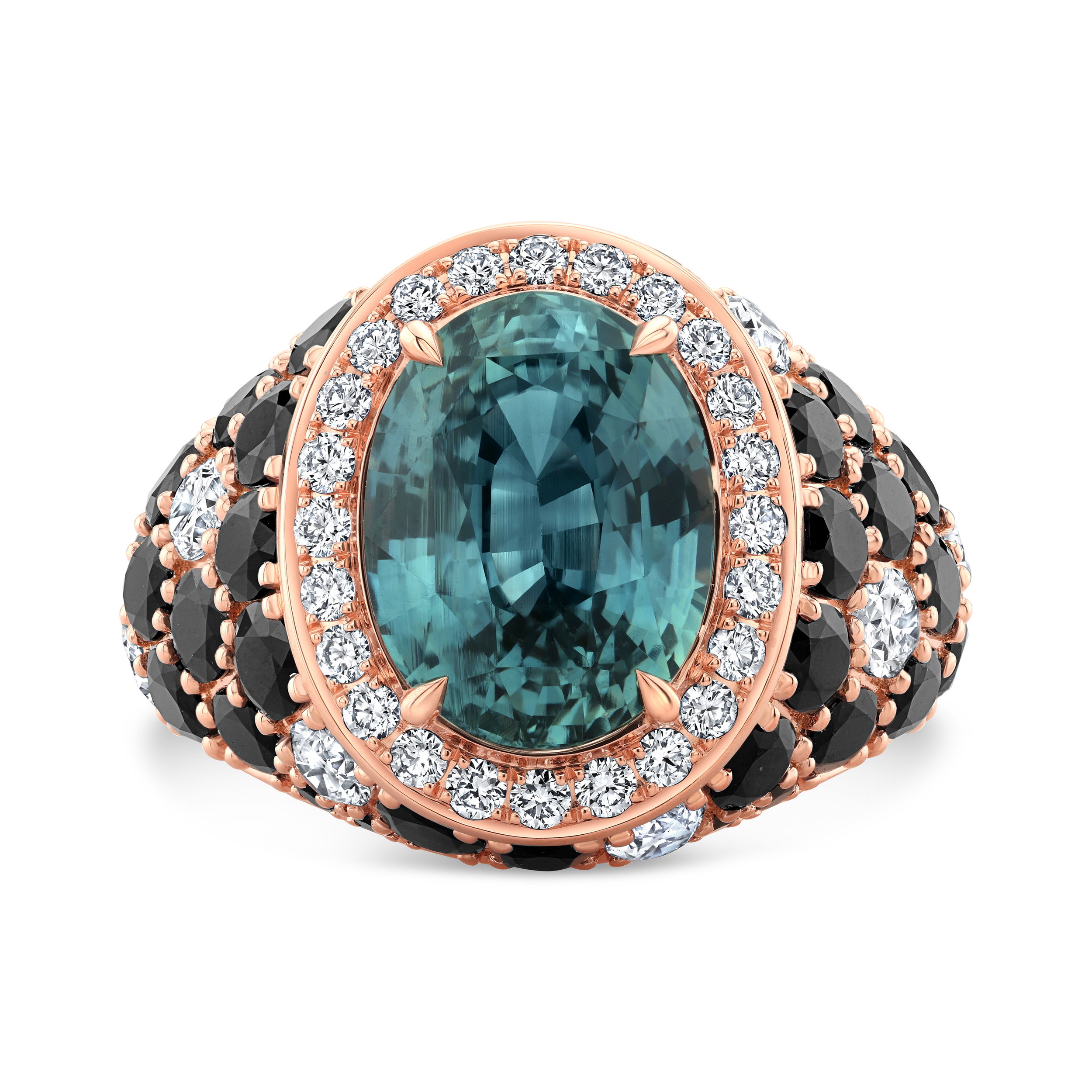 This Celebration Ring by Robert Procop of Beverly Hills showcases a striking 8.08ct oval-cut greenish blue sapphire, radiating depth and individuality. Framed by bold black sapphires and white diamonds, the design contrasts light and dark in perfect harmony. Set in rich 18k red gold, it offers a warm, distinctive backdrop for this extraordinary combination of stones.-18k Red gold -Greenish blue sapphire, 8.08cts -Black sapphires, 5.08cts -Diamonds, D-F/VS+ 1.62cts Item# 804-2000314 Greenish Blue Sapphire Celebration Ring