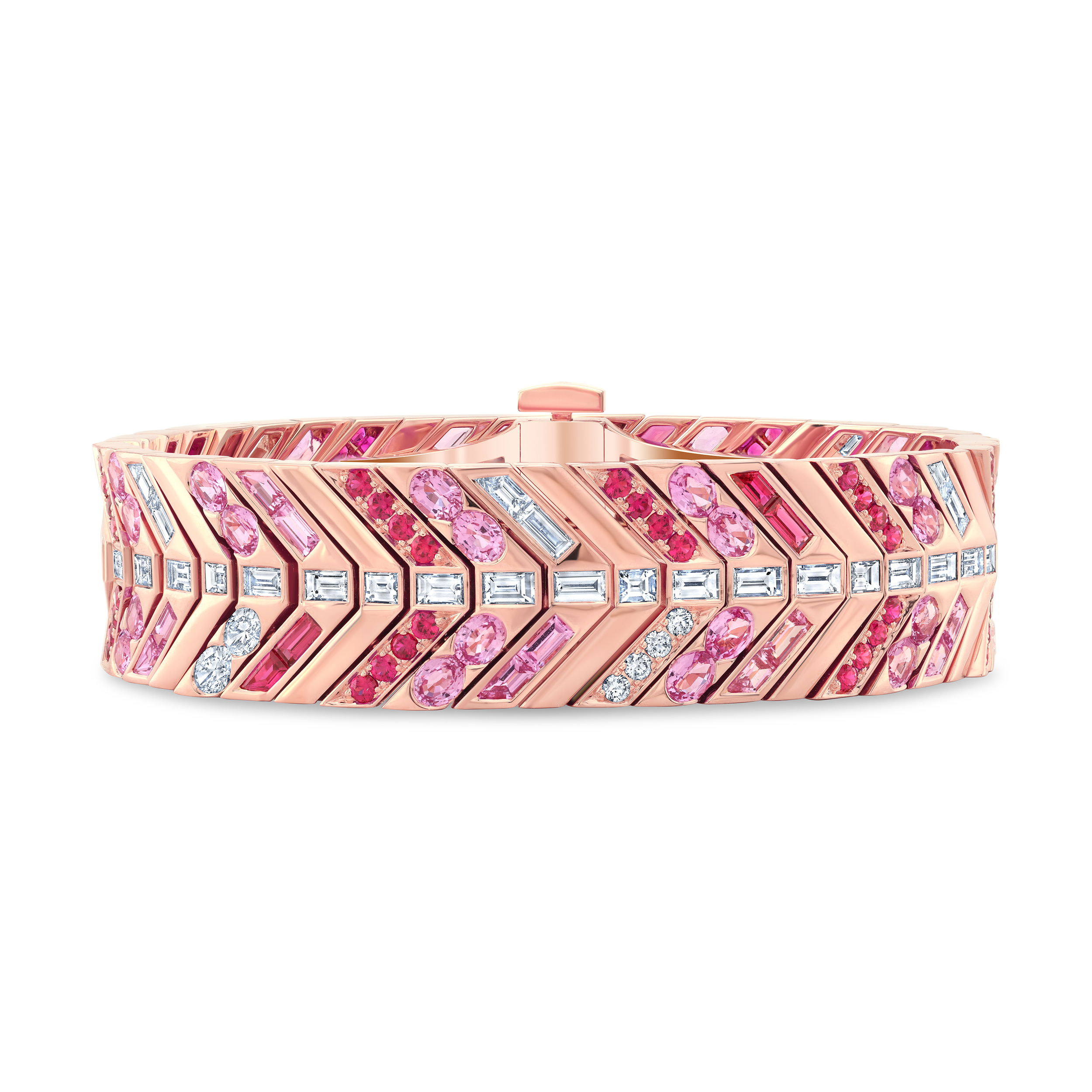This Masterpiece Chevron Bracelet by Robert Procop is the artist proof—the very first iteration of this exceptional design. Crafted in rich 18k red gold, it features a striking blend of 9.00 carats of pink sapphires, 1.06 carats of rubies, and 6.53 carats of brilliant diamonds. As the original piece in the collection, this bracelet is not only a work of fine craftsmanship but also a rare collector’s treasure—designed to inspire, captivate, and endure.-18k Red gold-Rubies, 1.06cts-Pink sapphires, 9cts-Diamonds, D-F/VS+ 6.53cts-Size, 7 1/4"Item# 808-2000299 Masterpiece Chevron Bracelet