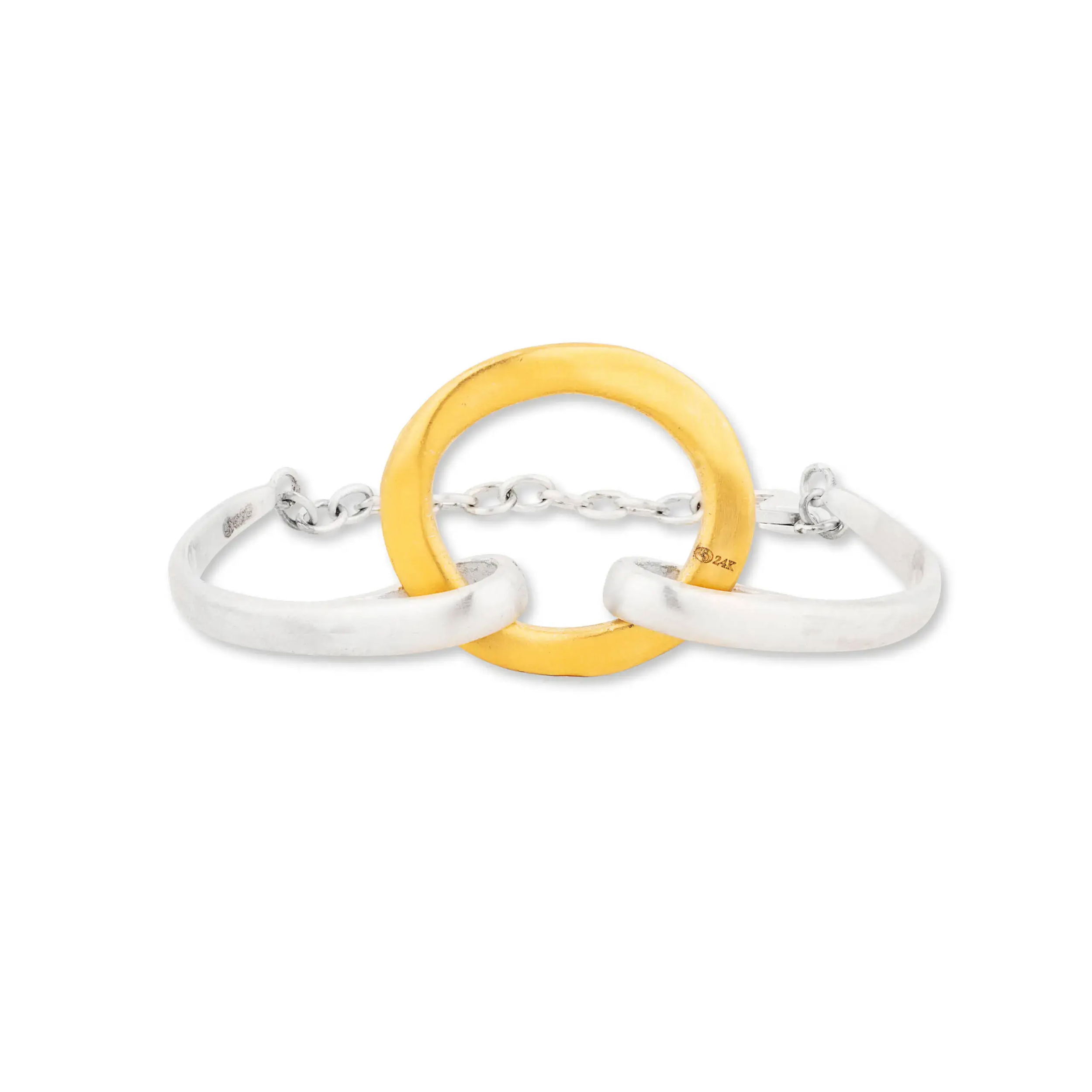 The “Orion” bracelet pairs radiant 24k gold with textured sterling silver for a striking, two-tone design. Finished with a sturdy sterling silver lobster clasp, this piece offers everyday elegance with a distinctive edge—refined, timeless, and effortlessly wearable.-Sterling silver-24k Yellow goldItem# 808-2000301 Orion Bracelet