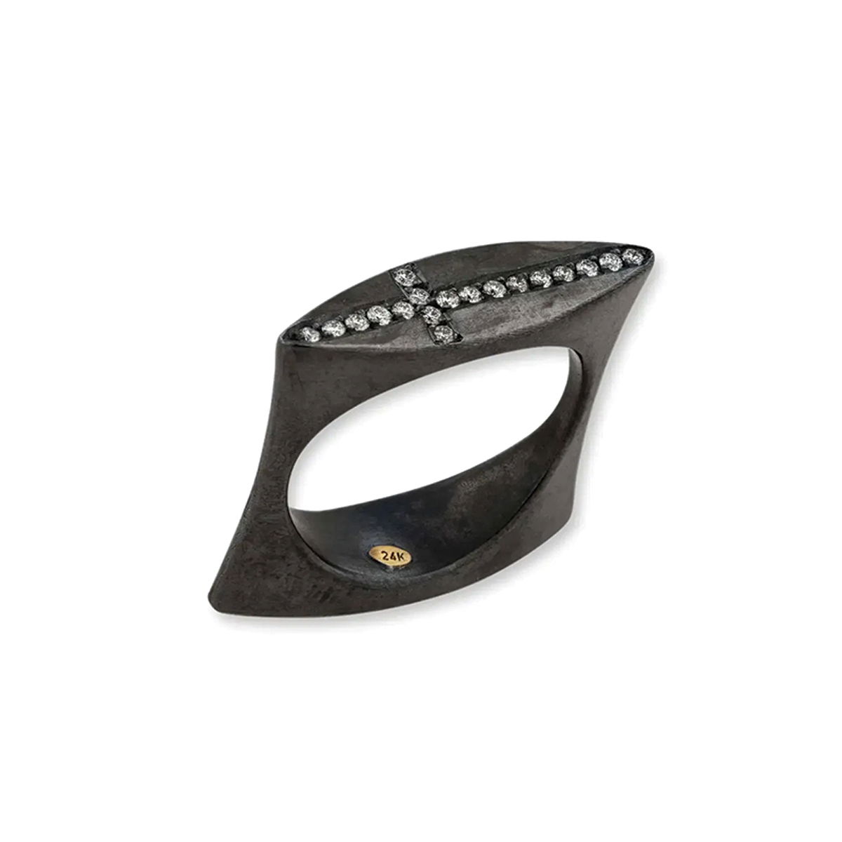 The Stockton Flipper Cross Ring features a striking contrast of 24k gold and oxidized silver, accented with brilliant diamonds. Its unique reversible design flips to reveal a radiant gold fusion side—two distinct looks in one powerful statement piece.-Oxidized silver-24k Yellow gold-Diamond, 0.16ctsItem# 804-2000319 Stockton Flipper Cross Ring
