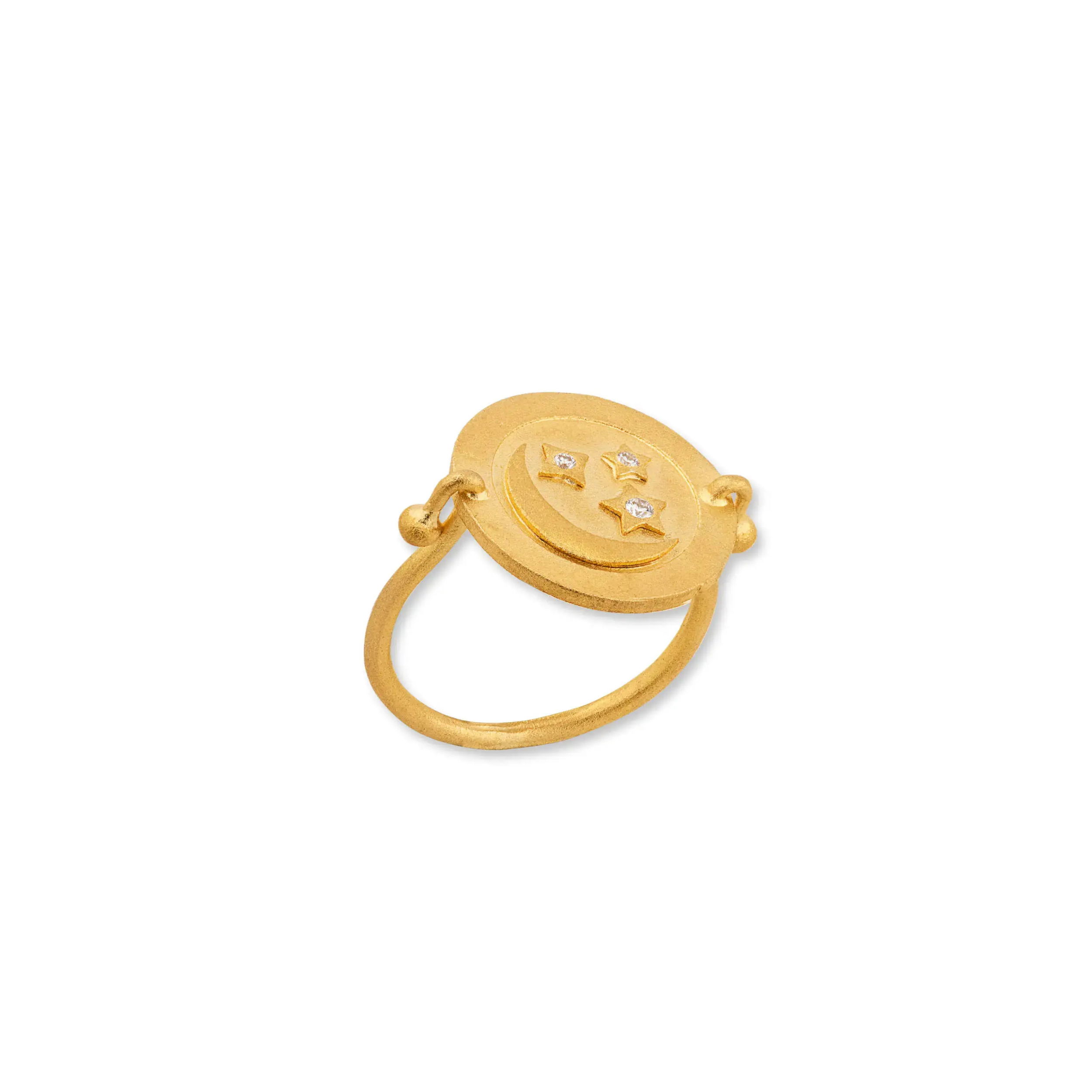 Inspired by celestial beauty, the Medallion Crescent and Stars Ring is crafted in rich 22k yellow gold and accented with sparkling diamonds. The intricate crescent and star design adds a touch of mystique, making this piece both symbolic and striking.-22k Yellow gold-Diamond, 0.04ctsItem# 804-2000321 Medallion Crescent and Stars Ring