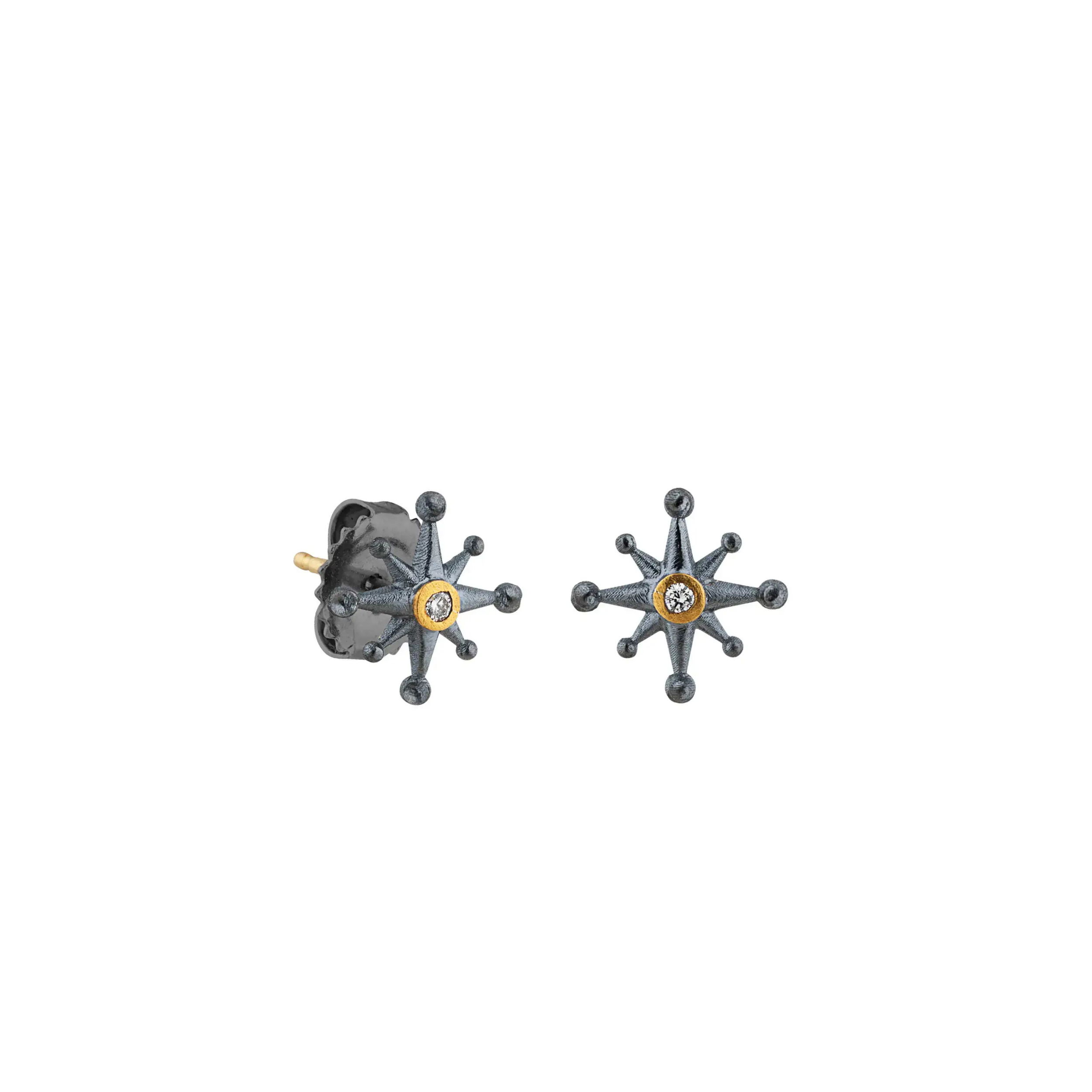 Delicate with a touch of drama, these x-small Starburst Studs feature a bold contrast of 22k gold and oxidized silver. A single diamond in the center adds just the right amount of sparkle. -Oxidized silver-22k Yellow gold-Diamond, 0.02ctsItem# 805-2000532 Starburst Stud Earrings