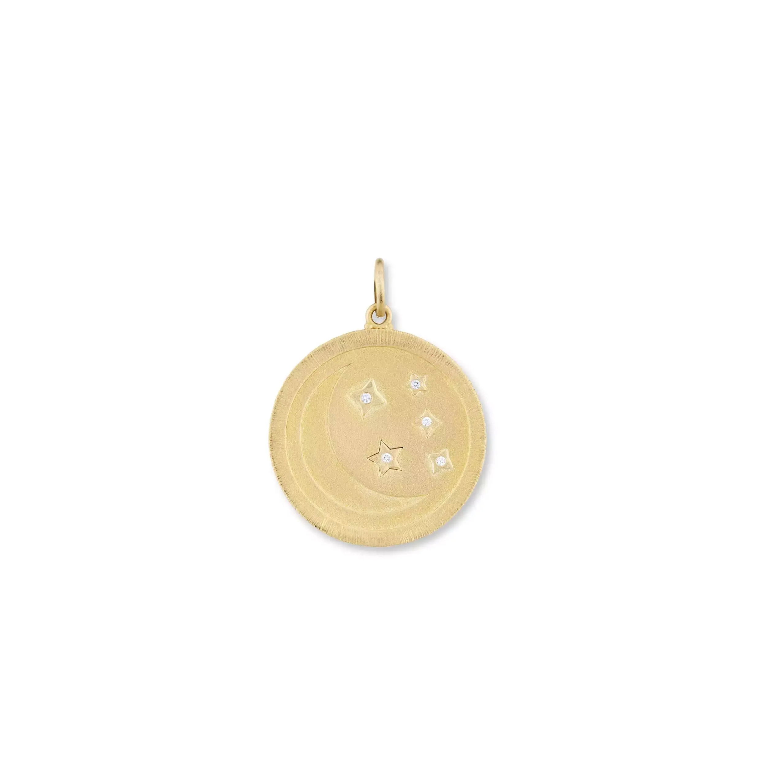 Celestial and timeless, this 22k gold medallion pendant features an intricate moon and stars motif accented with sparkling diamonds. Measuring 25mm and finished with a single bail, it’s a radiant piece that brings elegance and meaning to your everyday style.-22k Yellow gold-Diamonds, 0.05ctsItem # 807-2000386 Moon and Stars Medallion Necklace