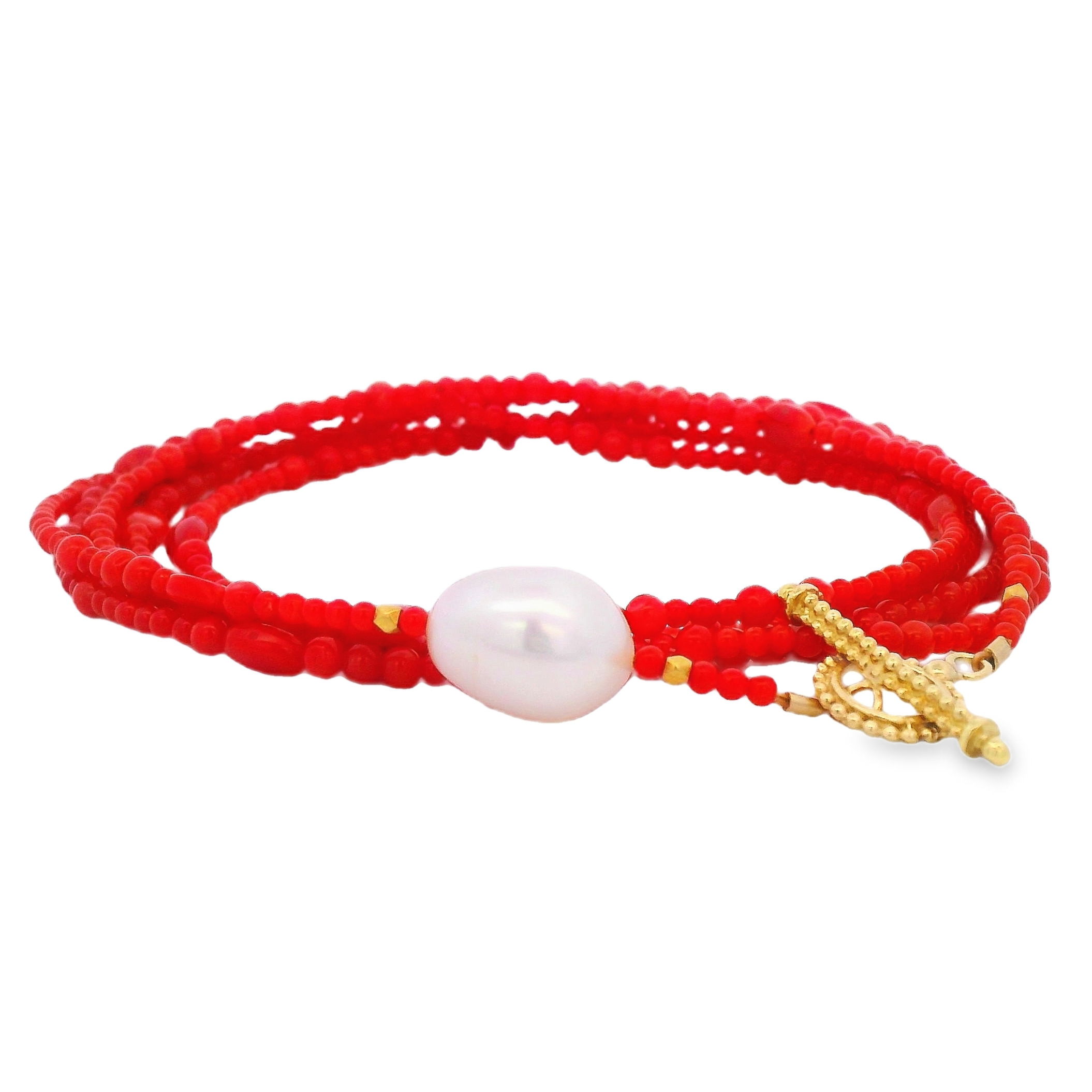 This coral wrap bracelet is a delicate rarity that will be the perfect finishing touch to any ensemble. Pair with a pendant to elevate your style. Available in additional sizes and materials. -18k Yellow gold-Coral-Freshwater pearlLength 36"Item# ND-BR-00021 Lumpy Coral and Freshwater Pearl Wrap Bracelet