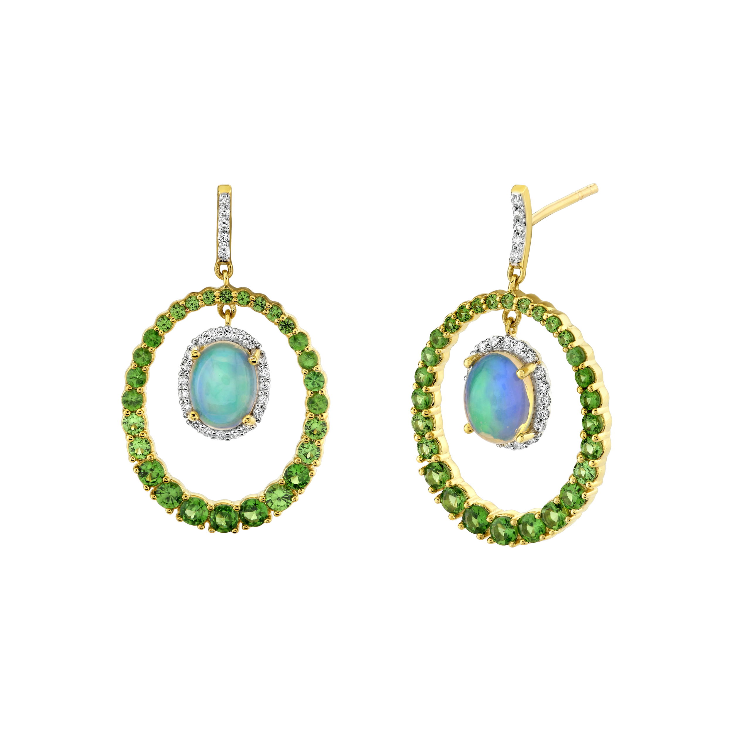 Featuring ethereal Ethiopian opals shimmering with iridescent hues, each stone is expertly complemented by vibrant green tsavorites, creating a striking interplay of color. The elegant gold setting enhances the gemstones' natural beauty, making these earrings a sophisticated statement piece—perfect for elevating any ensemble with a touch of luxurious allure.18k Yellow gold-Ethiopian opals, 1.82cts-Green tsavorite, 1.95ctsItem# 805-2000537 Opal and Tsavorite Earrings
