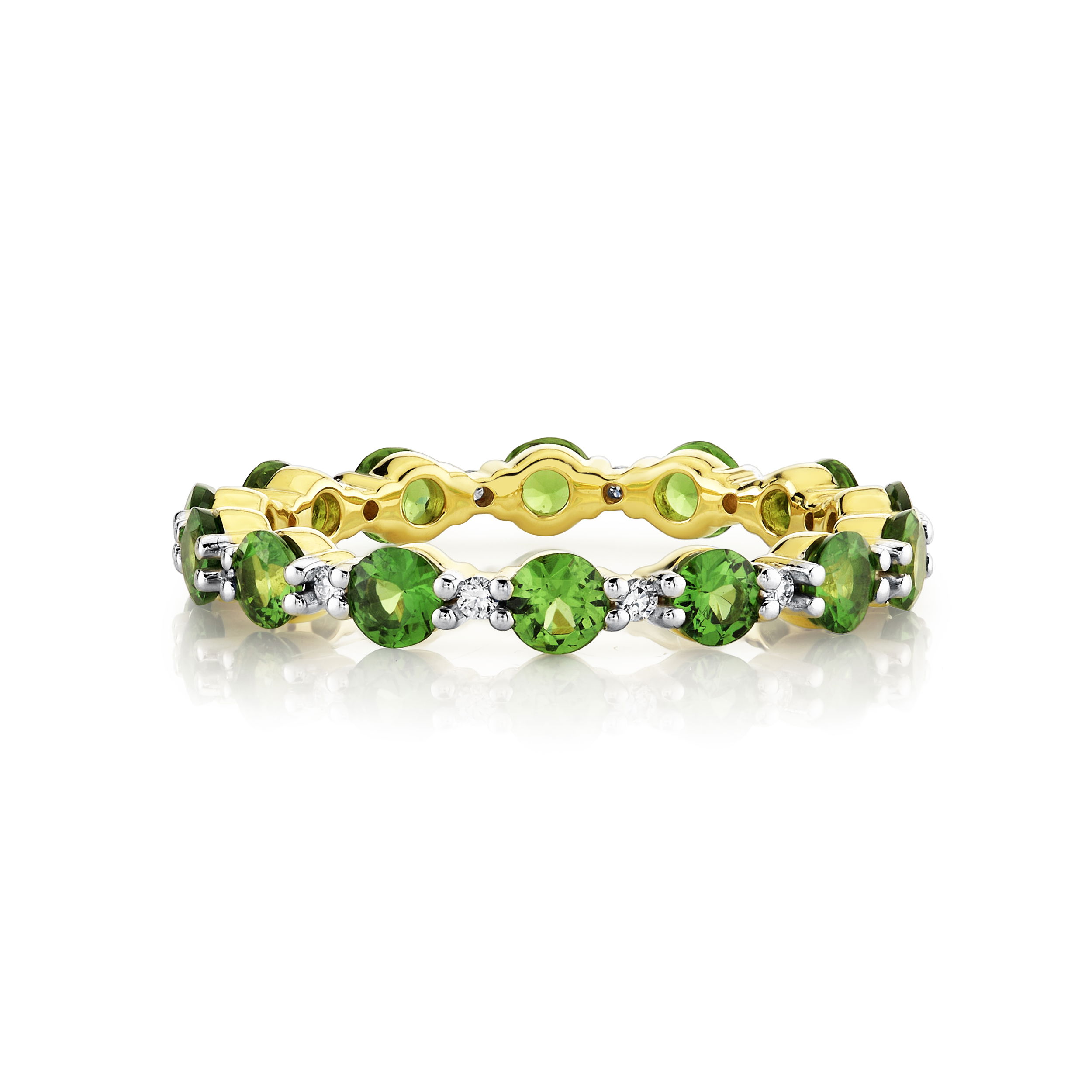 Perfect for stacking or wearing solo, this enchanting ring captures the essence of enduring love and sophisticated style—an unforgettable statement for anniversaries, milestones, or everyday luxury.18k Yellow gold-Green tsavorite, 1.62cts-Round diamonds, 0.14ctsItem# 804-2000331 Tsavorite and Diamond Eternity Band