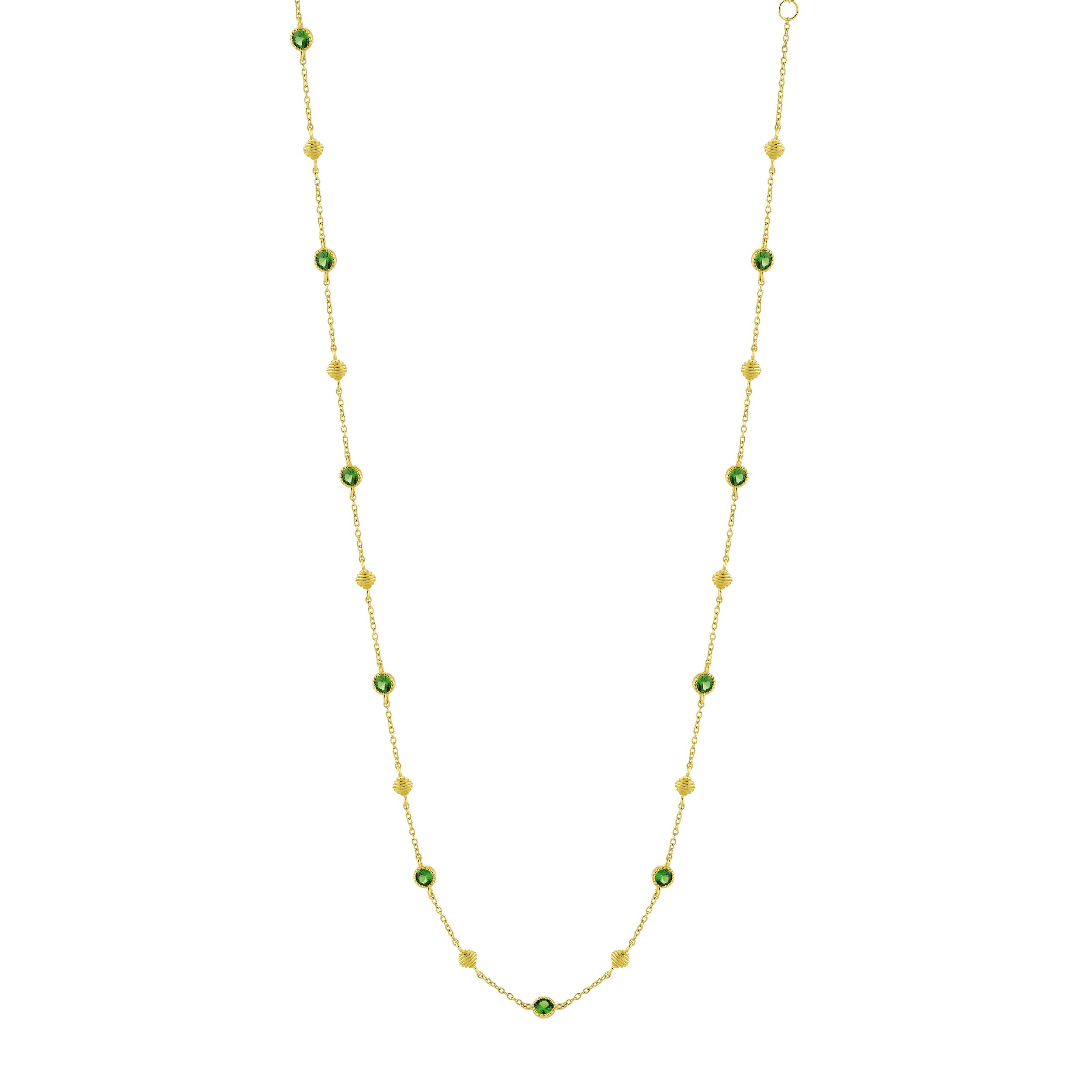 This piece strikes a perfect balance between modern luxury and timeless elegance, making it an ideal statement for both daily wear and special occasions.18k Yellow gold-Green tsavorite, 1.15ctsItem# 807-2000387 Tsavorite Chain with Strie Cushions
