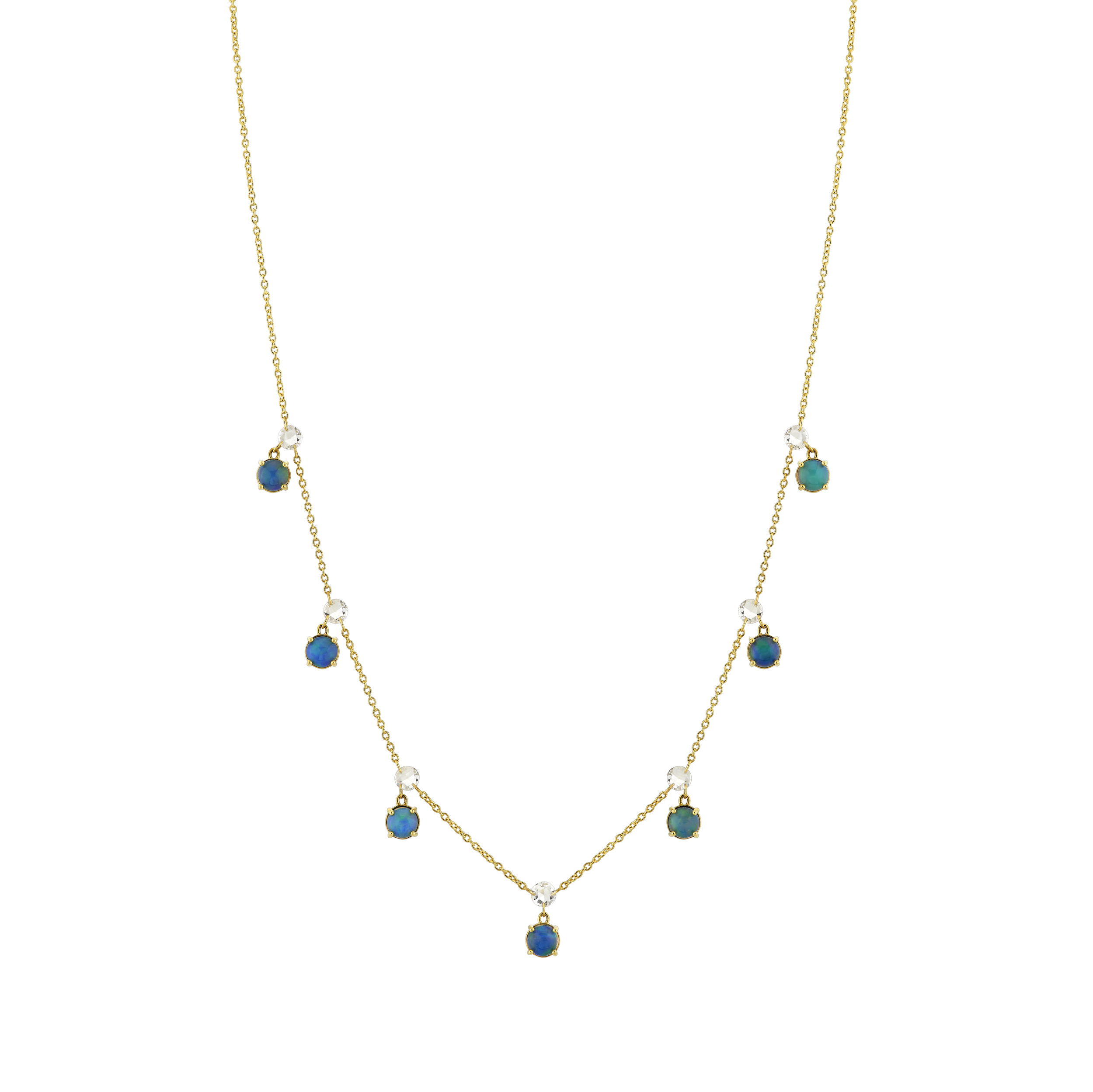The vibrant play-of-color in the opal is perfectly complemented by the warm glow of gold and the sparkle of genuine diamonds, making it a luxurious statement piece for any occasion. Experience timeless elegance and modern sophistication with this handcrafted treasure.18k Yellow gold-Ethiopian opals, 1.94cts-Round diamonds, 0.74ctsItem# 807-2000389 Diamond and Opal Chain Necklace