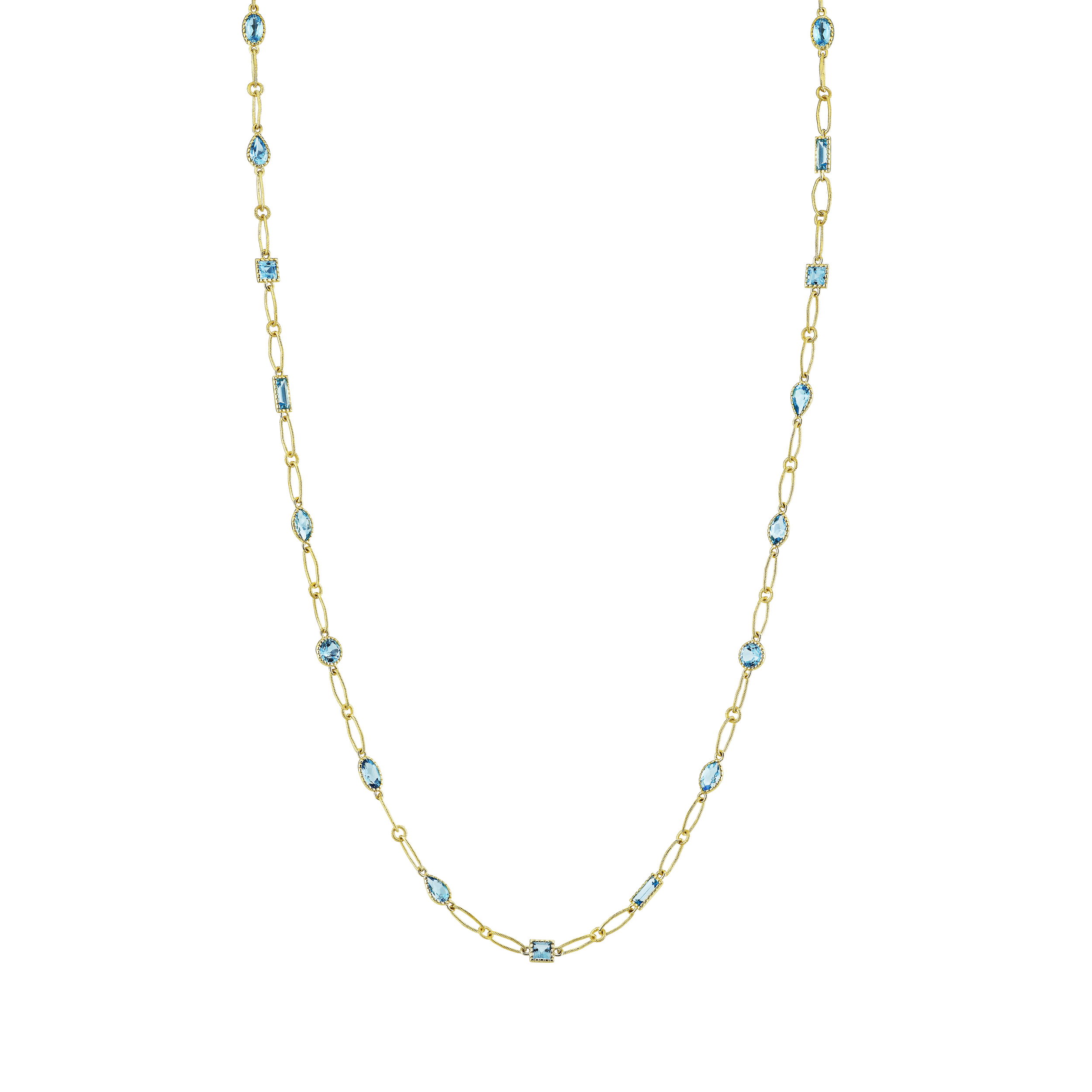 The intricate, lacey design of the chain adds a touch of vintage-inspired elegance, making this piece both timeless and unique. Perfect for layering or as a standout statement, it’s a luxurious accessory that effortlessly complements any ensemble.18k Yellow gold -Blue topaz, 4.29cts -Chain length, 16"-18" on adjustable chainItem# 807-2000390 Blue Topaz Mix Shape Lacey Chain