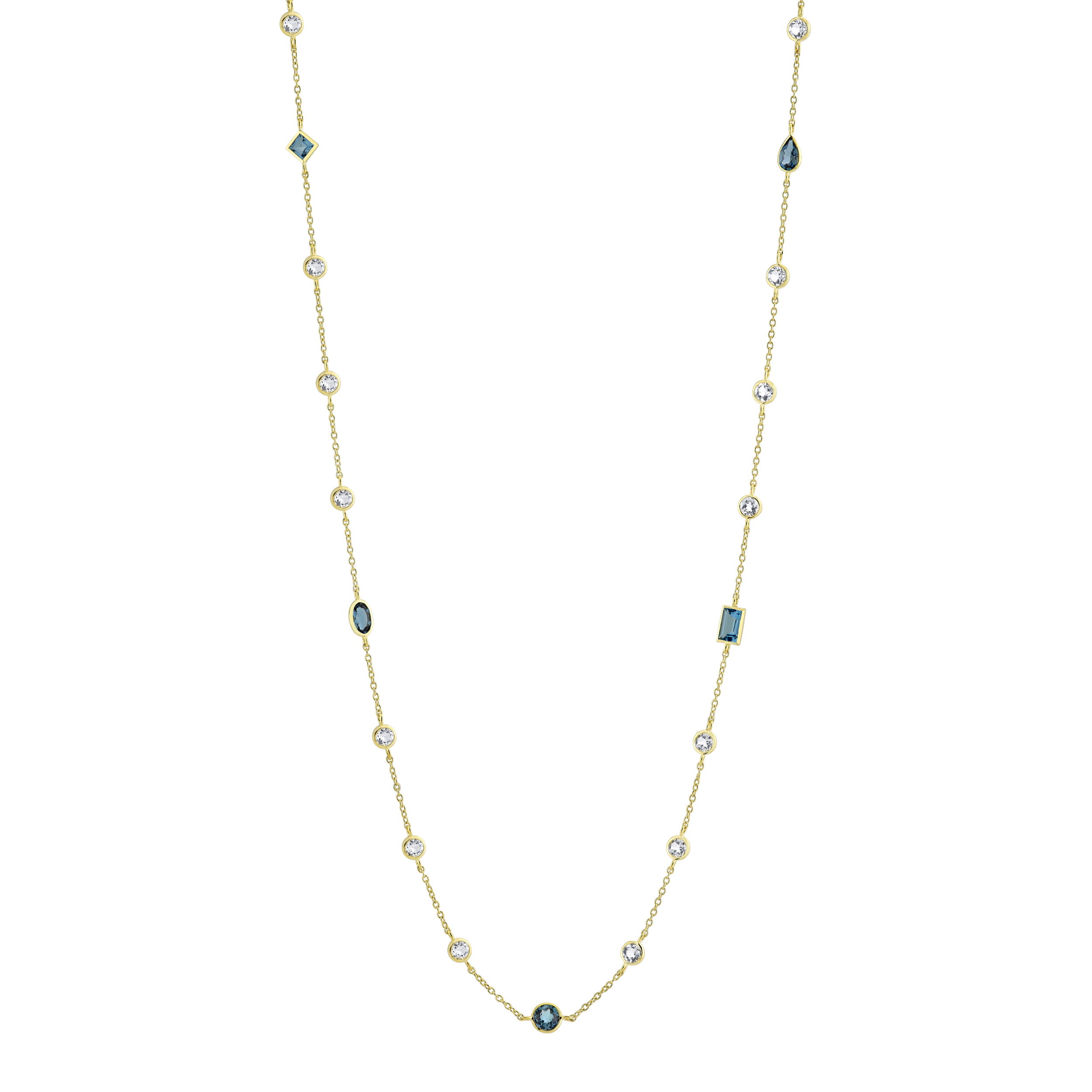 This exquisite necklace features an artful arrangement of brilliant white and deep London blue topaz gemstones in unique, mixed shapes, creating a stunning interplay of color and light. Experience timeless luxury and contemporary style with this captivating piece—a new classic for your fine jewelry collection.18k Yellow gold-White topaz, 2.43cts-London blue topaz, 1.41ctsItem# 807-2000393 White and London Blue Topaz Mixed Shape Chain