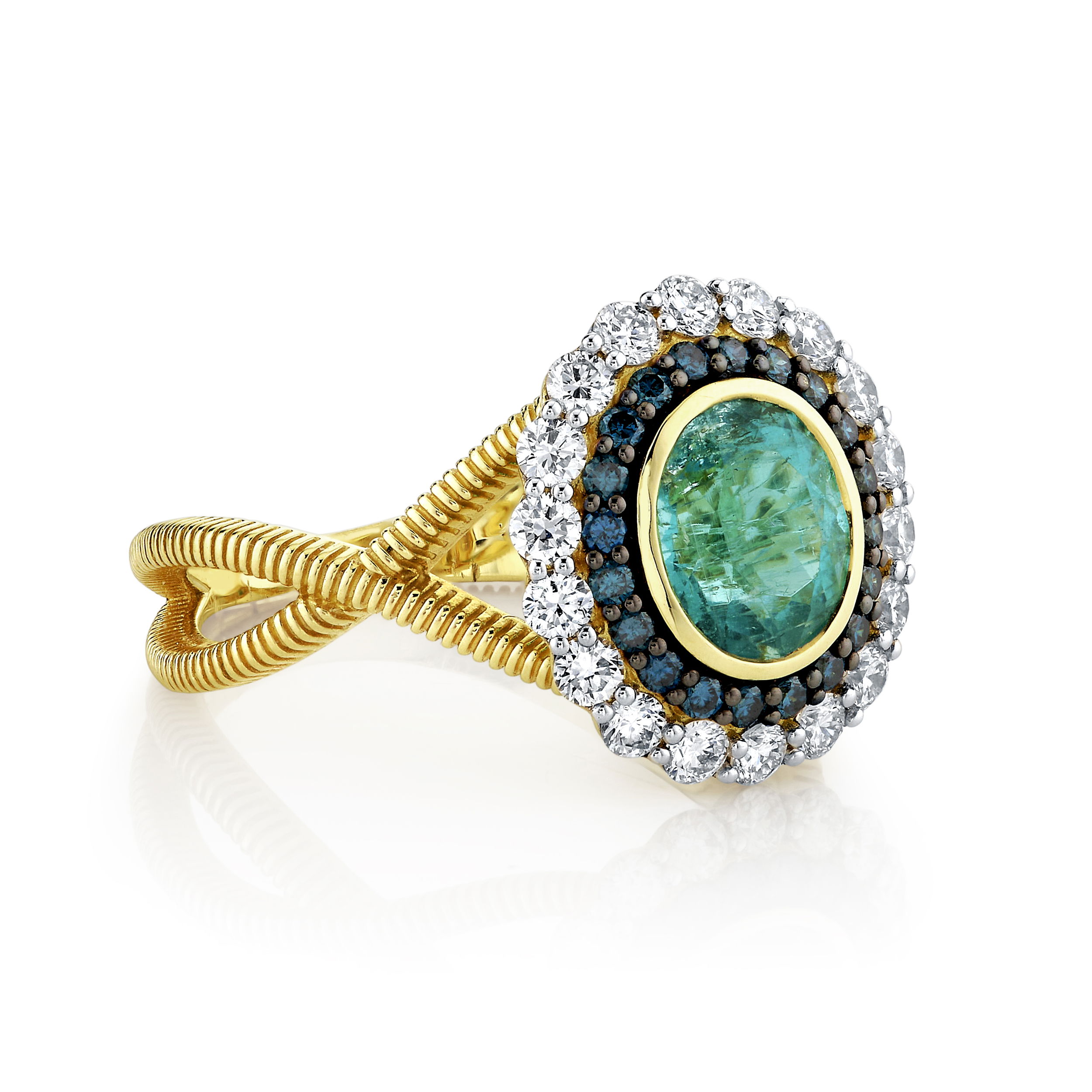 Exude timeless elegance with this breathtaking Paraiba Tourmaline and Diamond Ring. Crafted in luxurious 18k yellow gold, the ring features a mesmerizing Paraiba tourmaline at its center—renowned for its vivid, neon-blue glow—nestled among a halo of brilliant, hand-set diamonds. 18k Yellow gold-Paraiba tourmaline, 1.60cts-Round blue diamonds, 0.21cts-Round white diamonds, 0.57ctsItem# 804-2000336 Paraiba Tourmaline and Diamond Ring