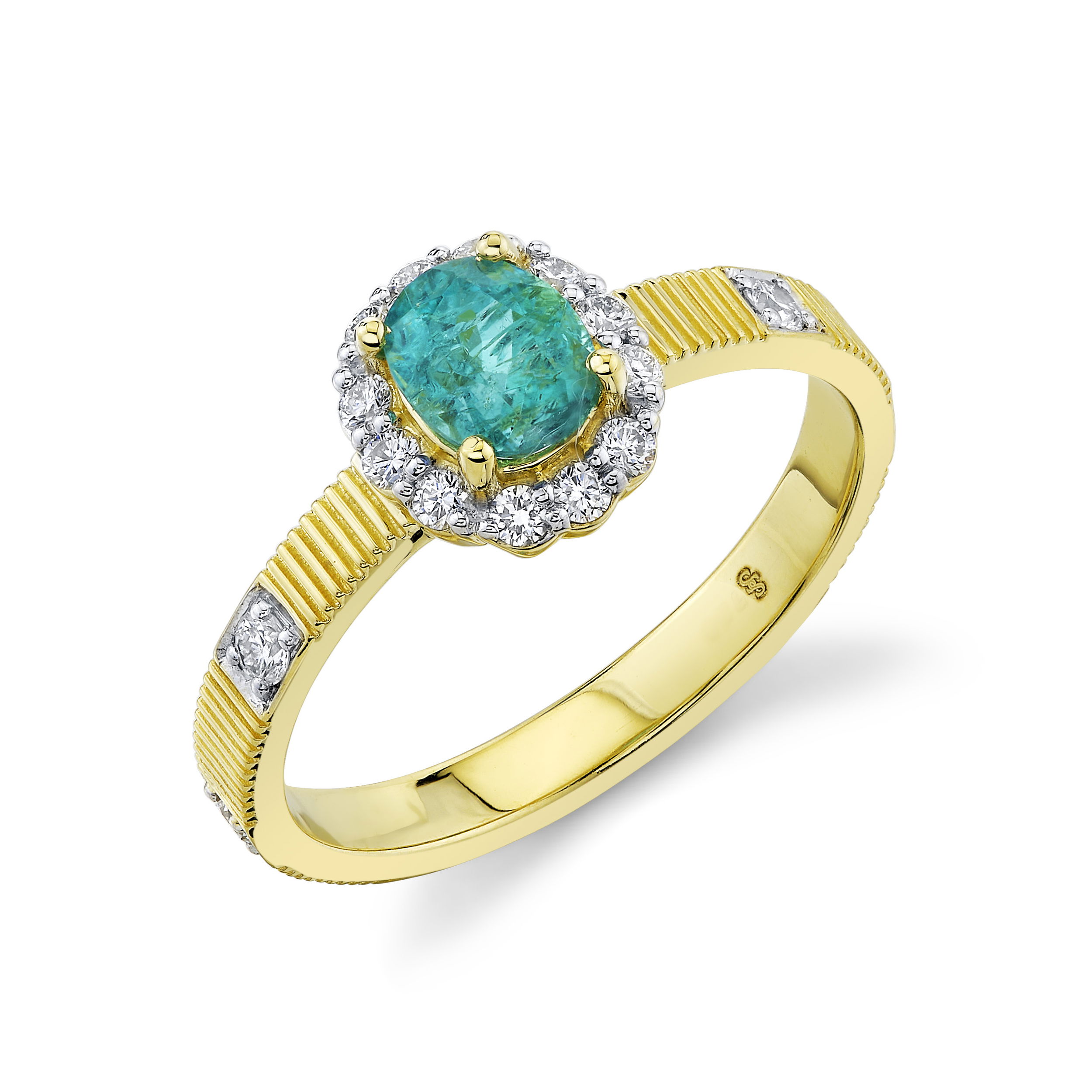 At its heart glows a mesmerizing Paraiba tourmaline, prized for its vivid, electric blue-green hue. This captivating gemstone is elegantly framed by a sparkling halo of meticulously set white diamonds, each adding brilliance and contrast. Sophisticated and striking, this ring is a statement of opulence and individuality—perfect for collectors and connoisseurs alike.18k Yellow gold-Paraiba tourmaline, 0.70cts-Round diamonds, 0.34ctsItem# 804-2000337 Paraiba Tourmaline and Diamond Ring