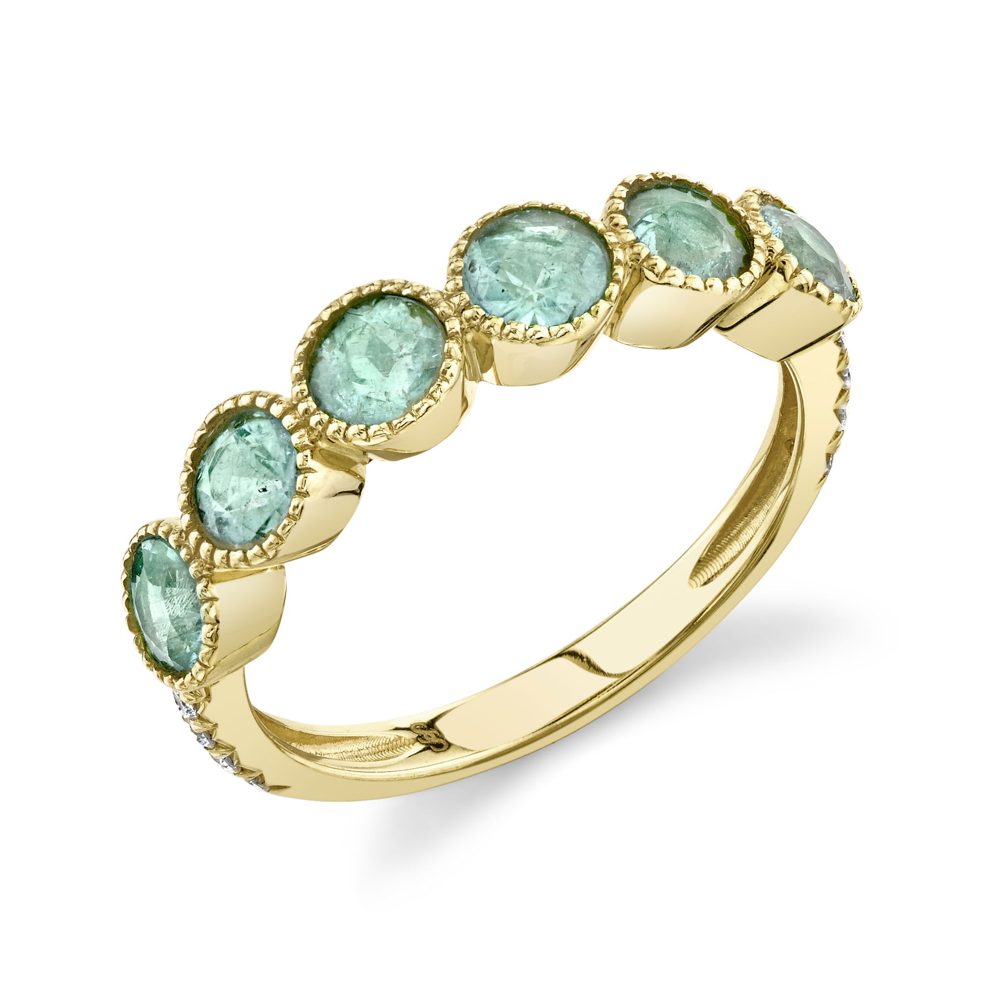 Showcasing a vivid row of rare Paraiba tourmaline gemstones, renowned for their extraordinary neon-blue glow, this band radiates unmatched brilliance and sophistication. Timeless, elegant, and distinctively modern, this Paraiba Tourmaline band is a true testament to refined artistry and exceptional taste.18k Yellow gold-Paraiba tourmaline, 1.39cts-Round diamonds, 0.13ctsItem# 804-2000338 Paraiba Tourmaline Band
