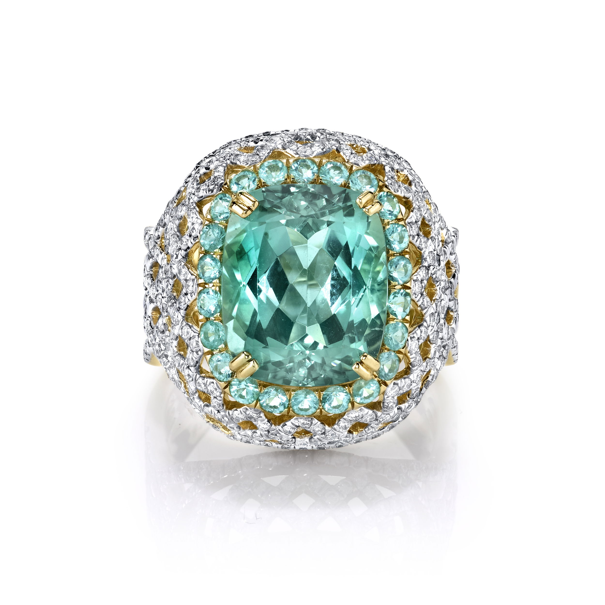 Exude timeless elegance with these breathtaking Paraiba Tourmaline and Diamond earrings. Crafted in luxurious 18k yellow gold, these feature a mesmerizing Paraiba tourmaline at its center—renowned for its vivid, neon-blue glow—nestled among a halo of brilliant, hand-set diamonds. 18k Yellow gold-Paraiba tourmaline, 0.53cts-Green tourmaline, 6.50cts-Round diamonds, 1.09ctsItem# 805-2000543 Blue-Green Tourmaline Ring with Paraiba and Diamond Detail
