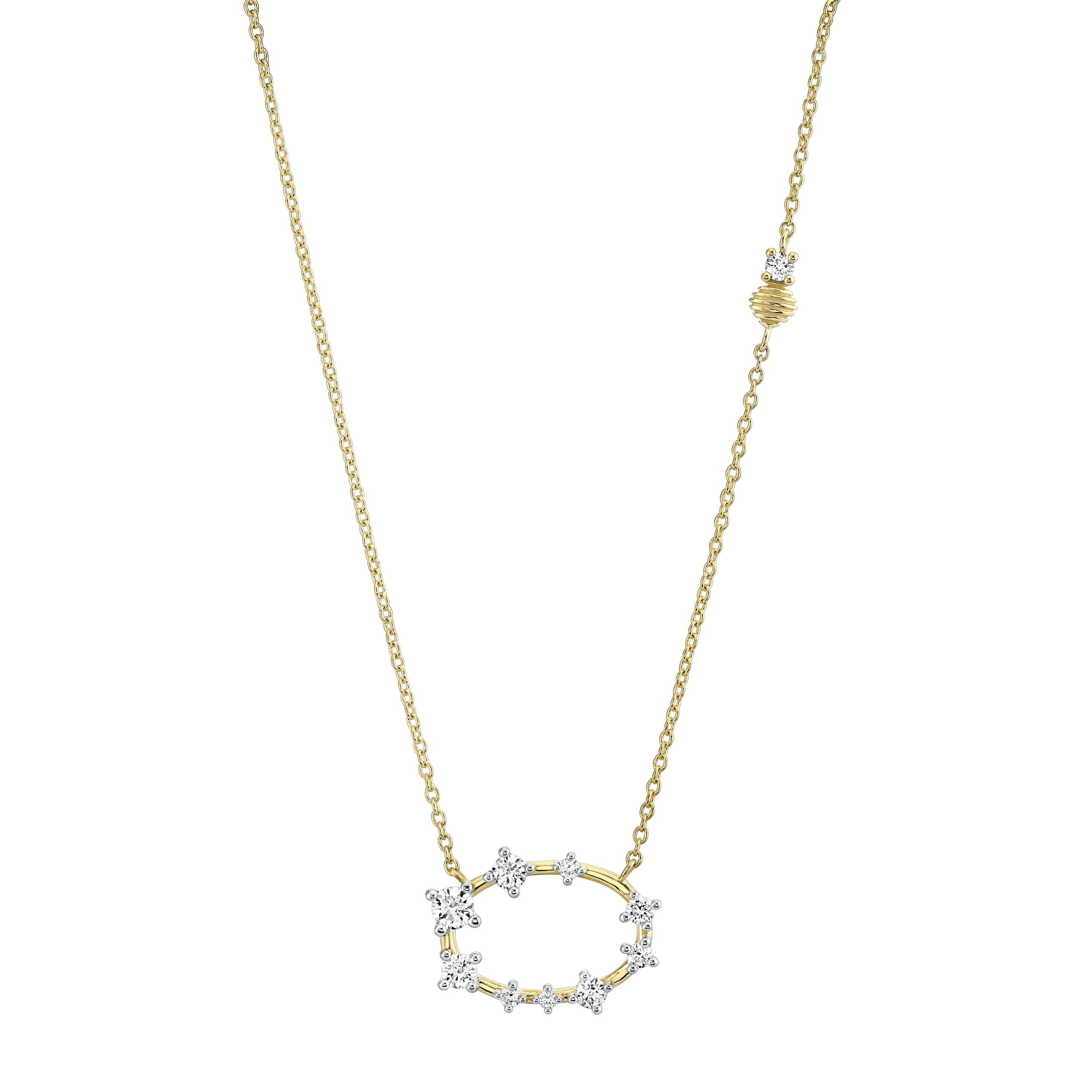 Sophisticated yet playful, the necklace captures the light with every movement, making it the perfect accessory for both everyday wear and special occasions. Indulge in timeless beauty and radiant sparkle with this stunning diamond masterpiece.18k Yellow gold-Round diamonds, 0.39ctsItem# 807-2000396 Confetti Diamond Oval Necklace