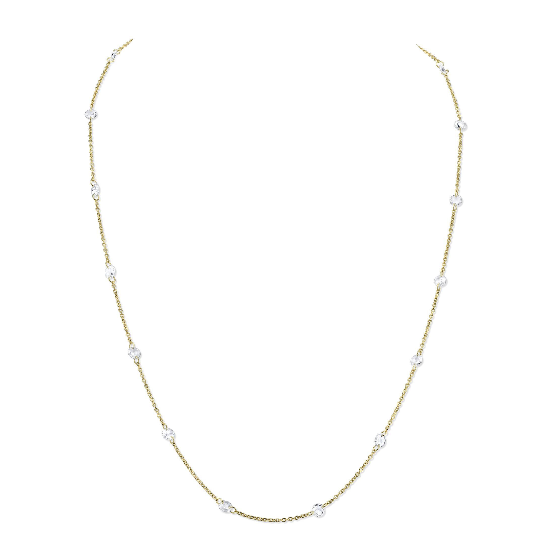 Featuring a series of luminous rose cut diamonds delicately set along a graceful gold chain, this necklace exudes timeless elegance and understated sparkle. Perfect for layering or worn alone as a statement piece, its refined design transitions seamlessly from day to evening.18k Yellow gold-Rose cut diamonds, 1.39cts-Chain length, 16"-18" on adjustable chainItem# 807-2000397 Rose Cut Diamond Chain Necklace