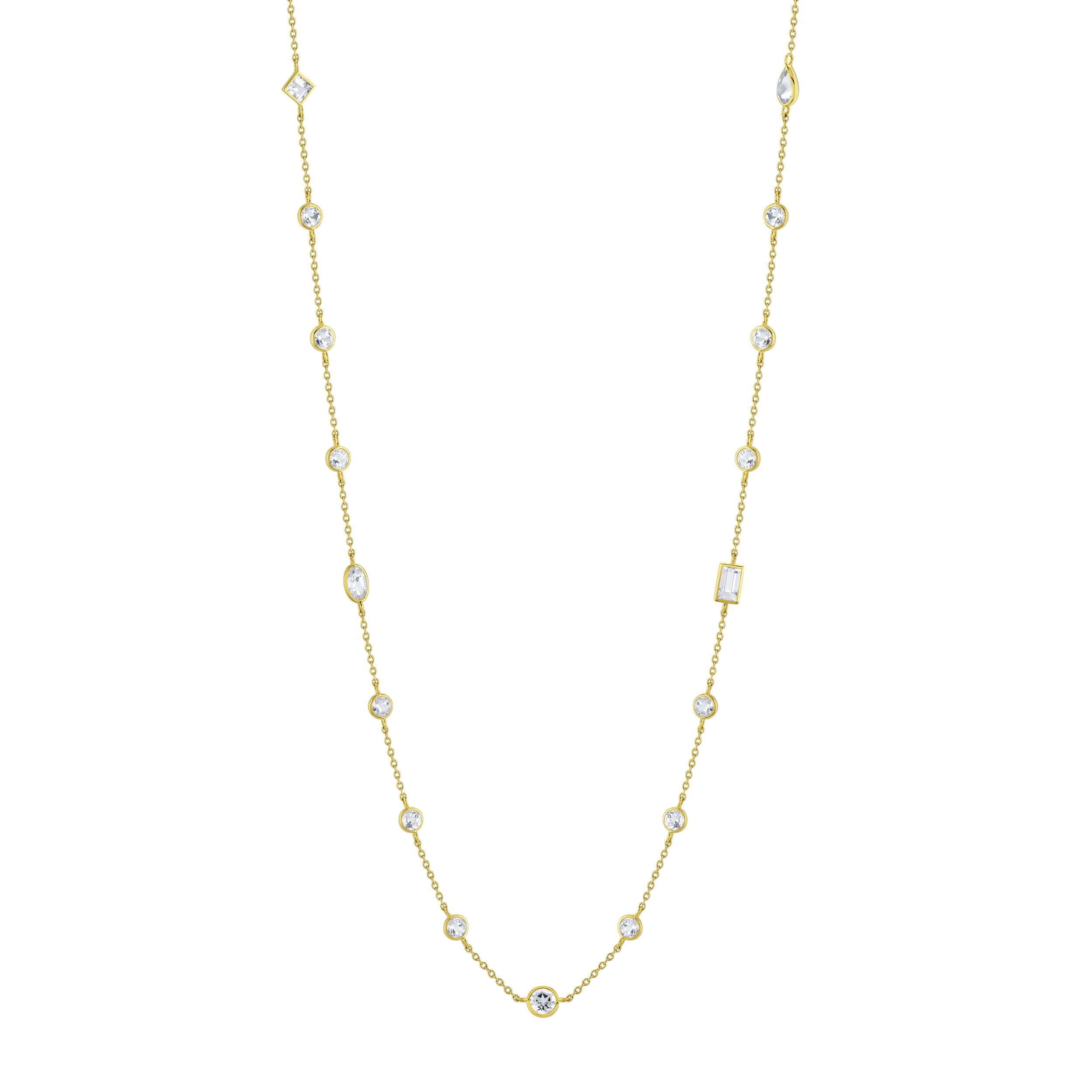 This exquisite piece features a curated selection of white topaz gemstones in captivating shapes, each expertly faceted to maximize brilliance and clarity. Perfect for both everyday wear and special occasions, this necklace is a timeless addition to any jewelry collection, offering the perfect blend of classic elegance and modern allure.18k Yellow gold-Mixed white topaz, 4.09ctsItem# 807-2000401 Mixed Shape White Topaz Chain Necklace