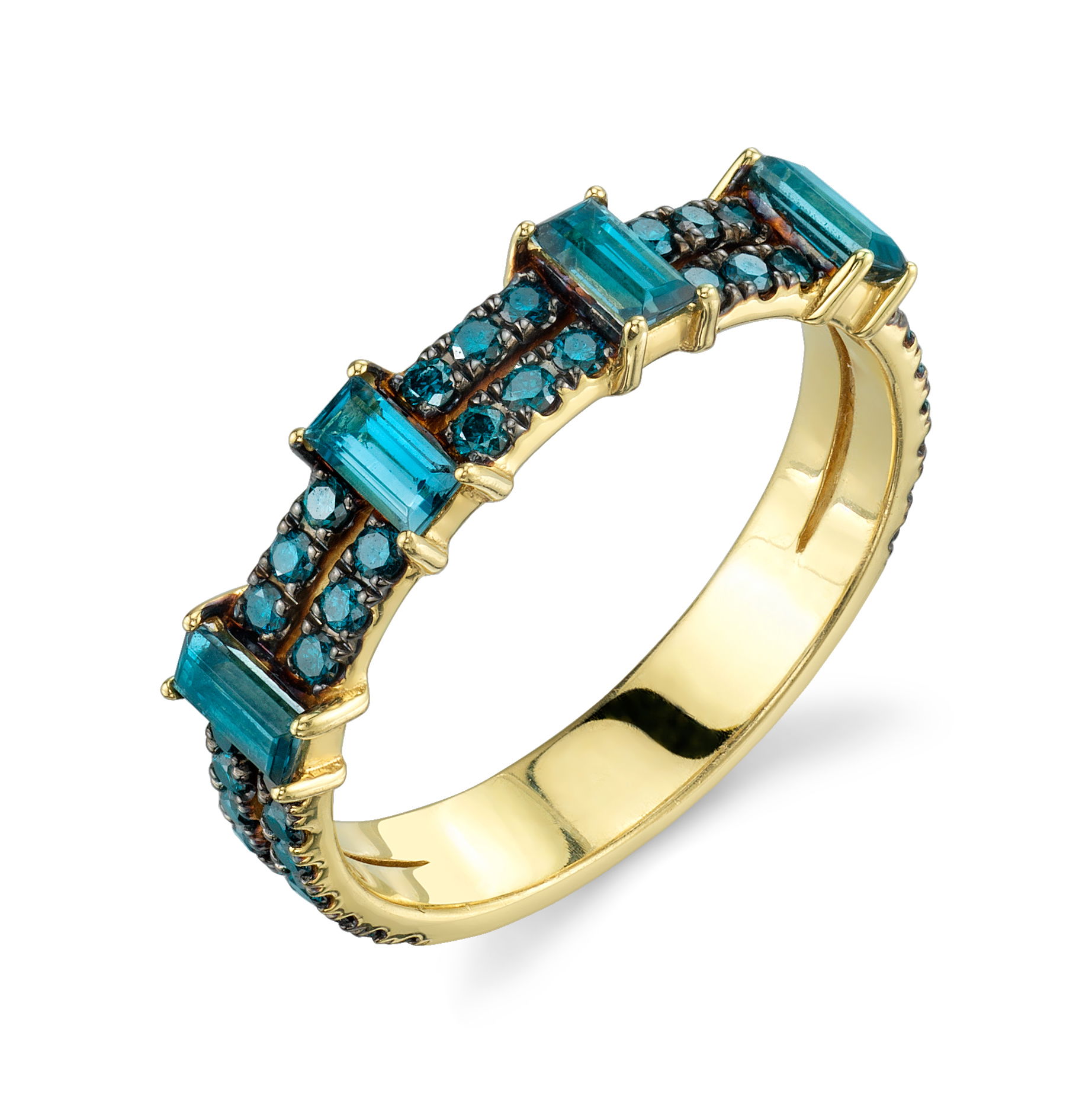 The rich blue hues evoke a sense of timeless sophistication, while the warm glow of yellow gold provides a luxurious finishing touch. Perfect for marking special occasions or elevating your everyday style, this band offers a unique blend of contemporary flair and classic refinement. Wear it alone for a subtle pop of color or stack it with your favorite rings for a truly personalized look.18k Yellow gold-London blue topaz, 0.93cts-Blue diamonds, 0.43ctsItem# 804-2000345 London Blue and Blue Diamond Band