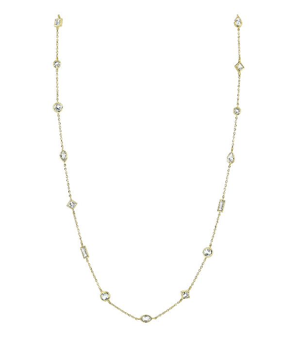 Each gem is carefully handset, creating a harmonious blend of brilliance and modern elegance along the shimmering chain. Whether for special occasions or everyday glamour, this necklace adds a touch of refined sparkle and timeless beauty to any ensemble.18k Yellow gold-Mixed white topaz, 3.45cts-Chain length, 16"-18" on adjustable chainItem# 807-2000402 Mixed Shape White Topaz Chain Necklace