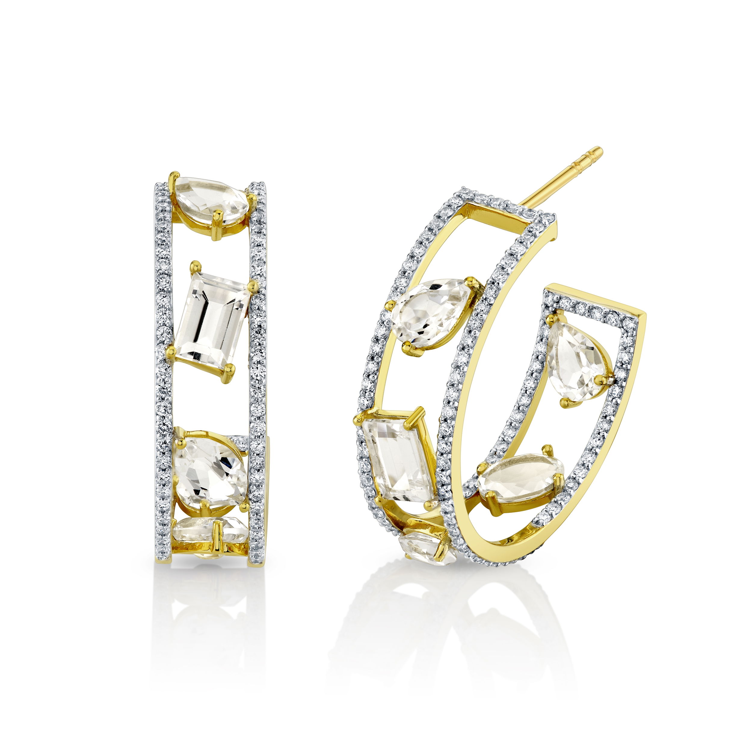 The brilliant white topaz pairs effortlessly with the fiery brilliance of diamonds, creating a sophisticated contrast against the warm gold. These earrings lend a timeless yet modern elegance to any ensemble—perfect for elevating everyday style or accentuating special occasions.18k Yellow gold-White topaz, 5.34cts-Diamonds, 1.02ctsItem# 805-2000550 White Topaz and Diamond Inside Out Hoop Earrings