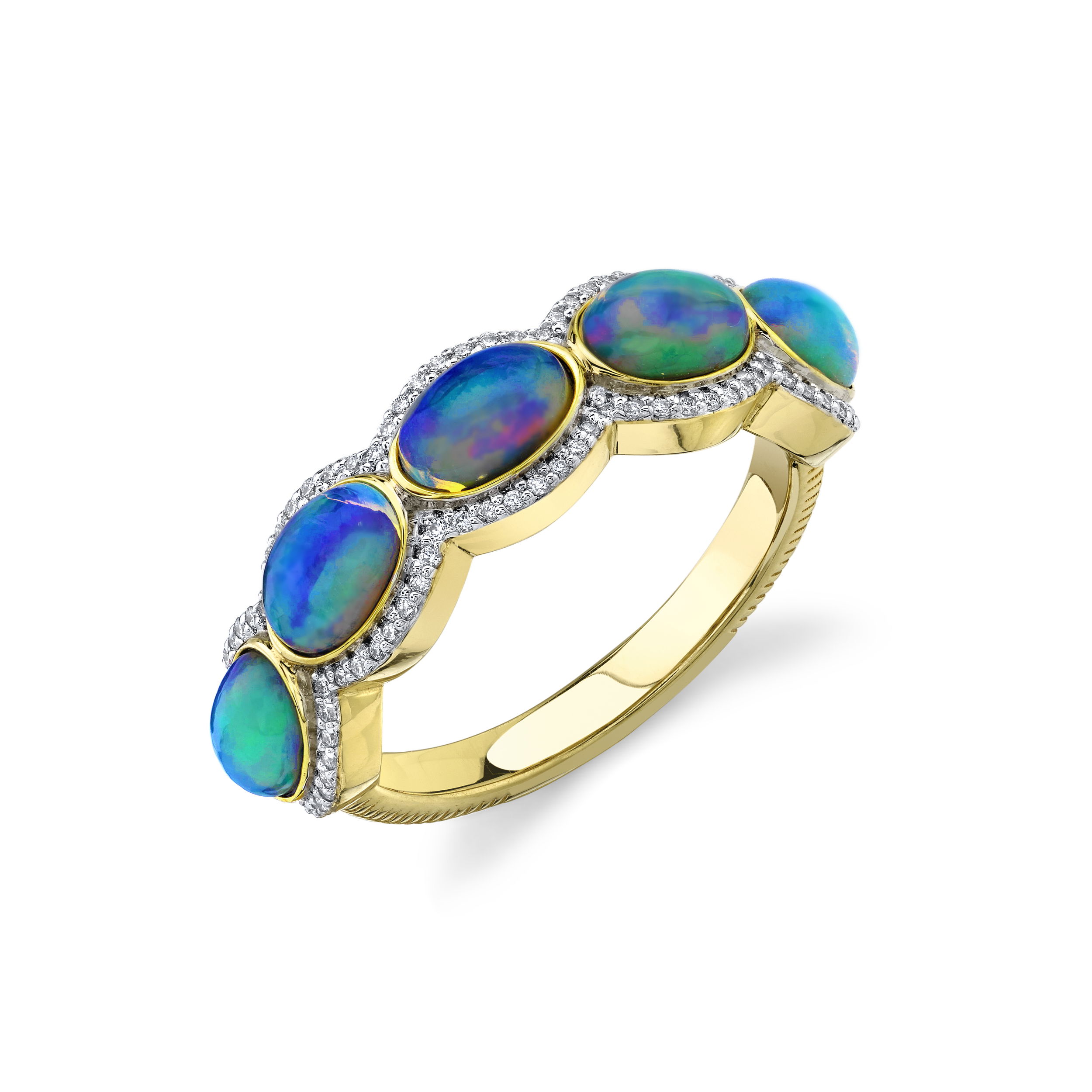 Radiating unmatched elegance, this exquisite ring showcases a mesmerizing Ethiopian opal at its center, ablaze with iridescent color play. The opal is beautifully framed by sparkling diamonds, each expertly set to enhance their brilliance.18k Yellow gold-Ethiopian opals, 1.37cts-Round diamonds, 0.22cts Item# 804-2000347 Opal and Diamond Ring