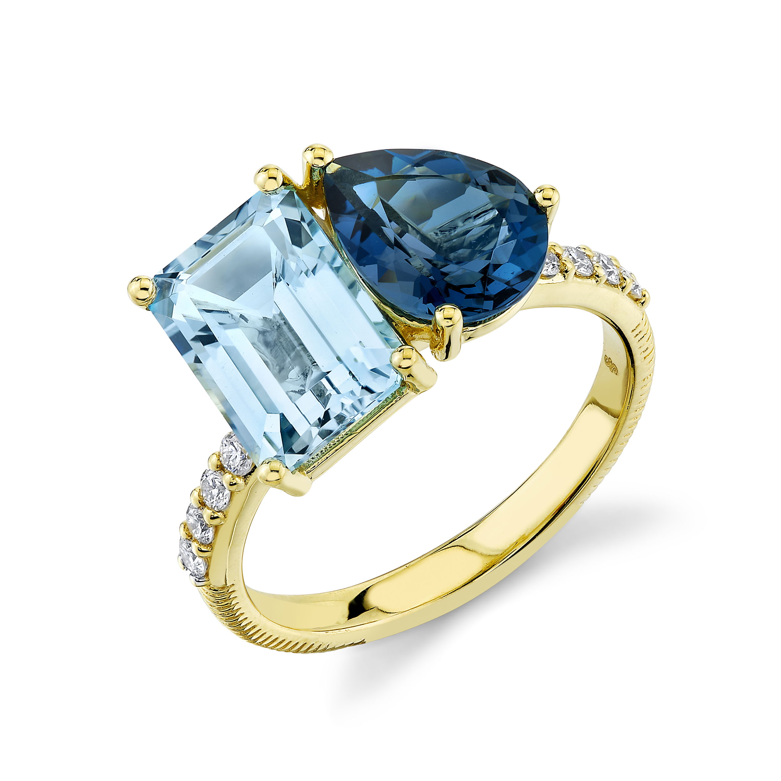 Two luminous blue topaz gems sit side by side, symbolizing an eternal connection, while shimmering diamonds accentuate their captivating color and brilliance. The rich yellow gold band enhances the ring's timeless elegance, making it the perfect statement piece for any special occasion or as an everyday touch of glamour. 18k Yellow gold-Sky blue topaz, 3.12cts-London blue topaz, 1.97cts-Round diamonds, 0.20ctsItem# 804-2000348 Toi Et Moi Blue Topaz Ring