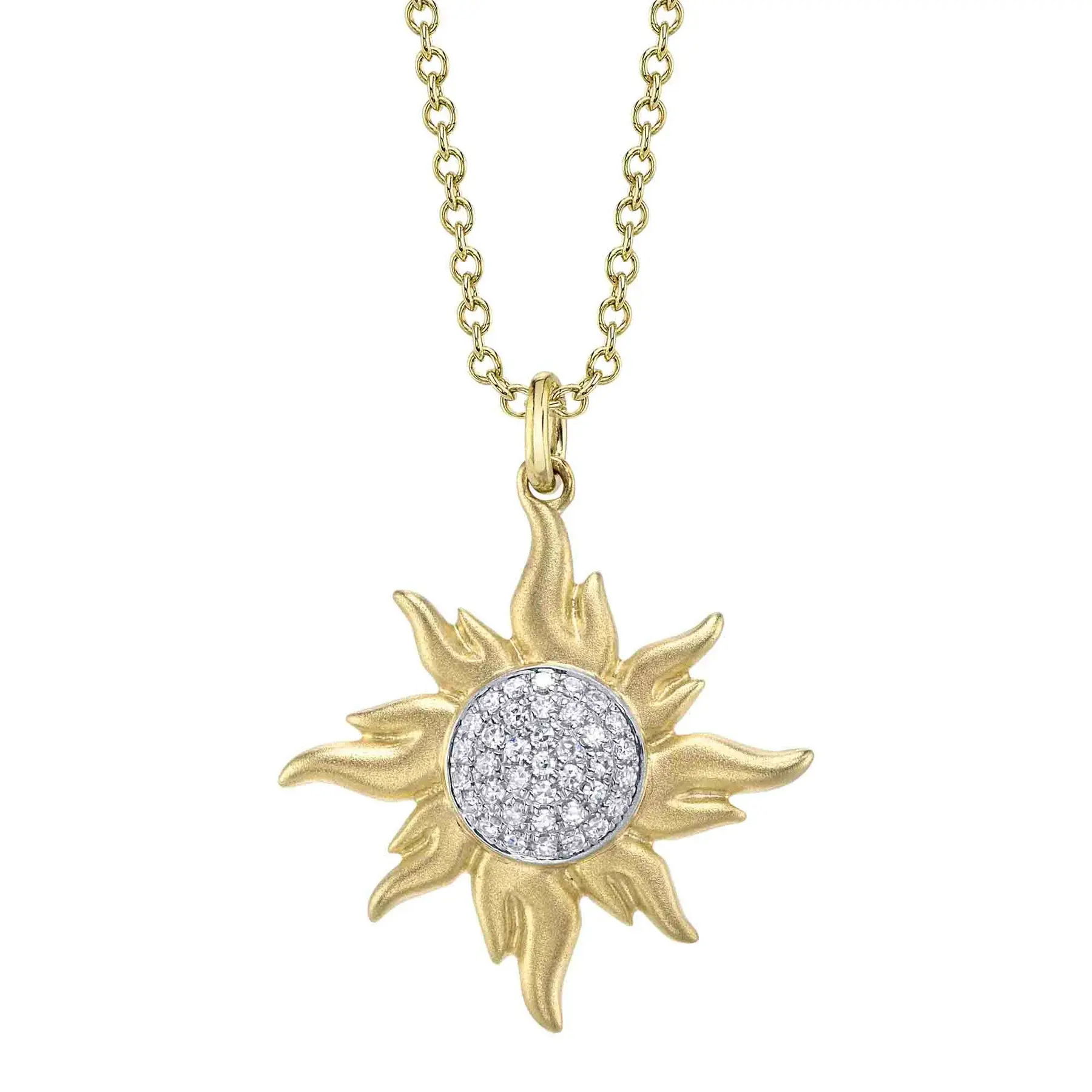 Turn heads with this standout piece that adds a bold statement to any look, day or night. All Shy Creation diamonds are natural and hand-selected. All stones are unique and hand set. As a result, you can expect slight variations in the shade, hue, tint of the color stones and stone count.14k Yellow gold-Diamonds, 0.08ctsItem# 807-2000406 Pave Sun in Matte Gold