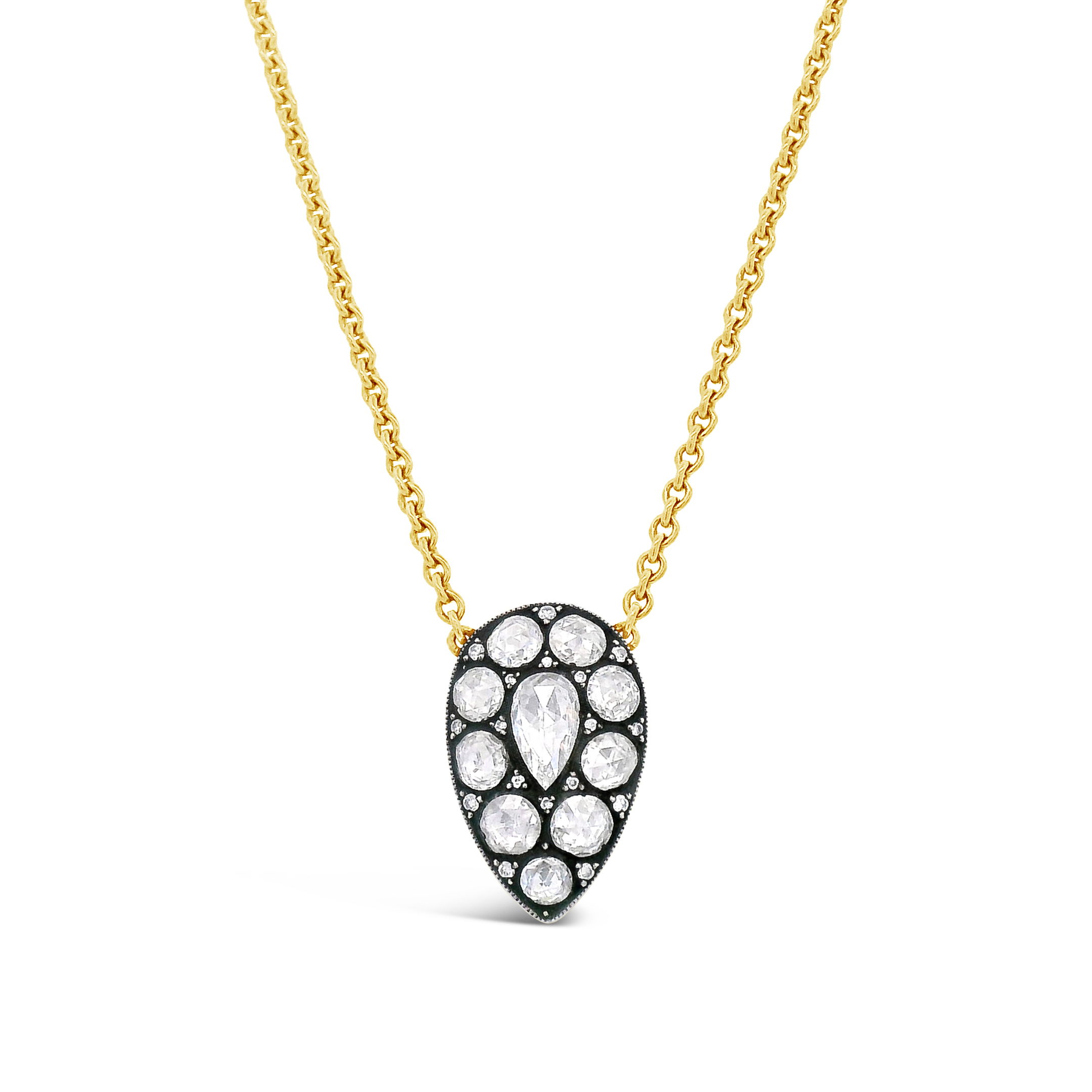 Norman Covan's 18K Yellow Gold and Oxidized Silver necklace with 27 Pear-Shaped Rose-Cut Diamonds exemplifies exceptional craftsmanship, reviving the centuries-old mirror-back setting—a technique mastered by only a handful of skilled artisans. Norman Covan's Rose Cut Collection is a rare, one-of-a-kind offering of vintage stones hand-set into heirloom-quality pieces that blend historic craftsmanship with modern elegance.-18k Yellow gold-Oxidized silver-Diamonds, 1.25ctsLength 16"Item# 804-2000408 Pear Rose Cut Diamond Necklace
