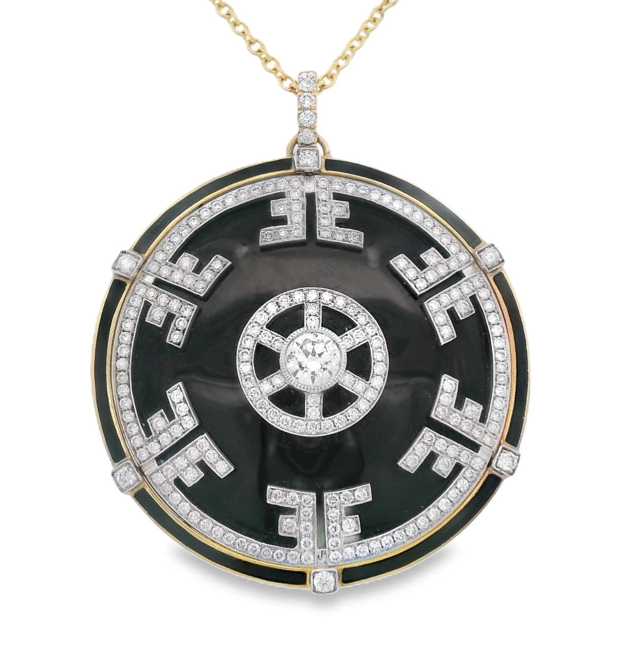 Elevate your style with this stunning antique pendant with diamonds, expertly crafted in radiant yellow gold. The pendant showcases round brilliant cut diamonds, adding a touch of timeless elegance and sparkle. (Chain sold separately)-18k Yellow gold-Round diamonds, 2.00ctsItem# 806-2000193 Antique Black Enamel & Diamond Pendant