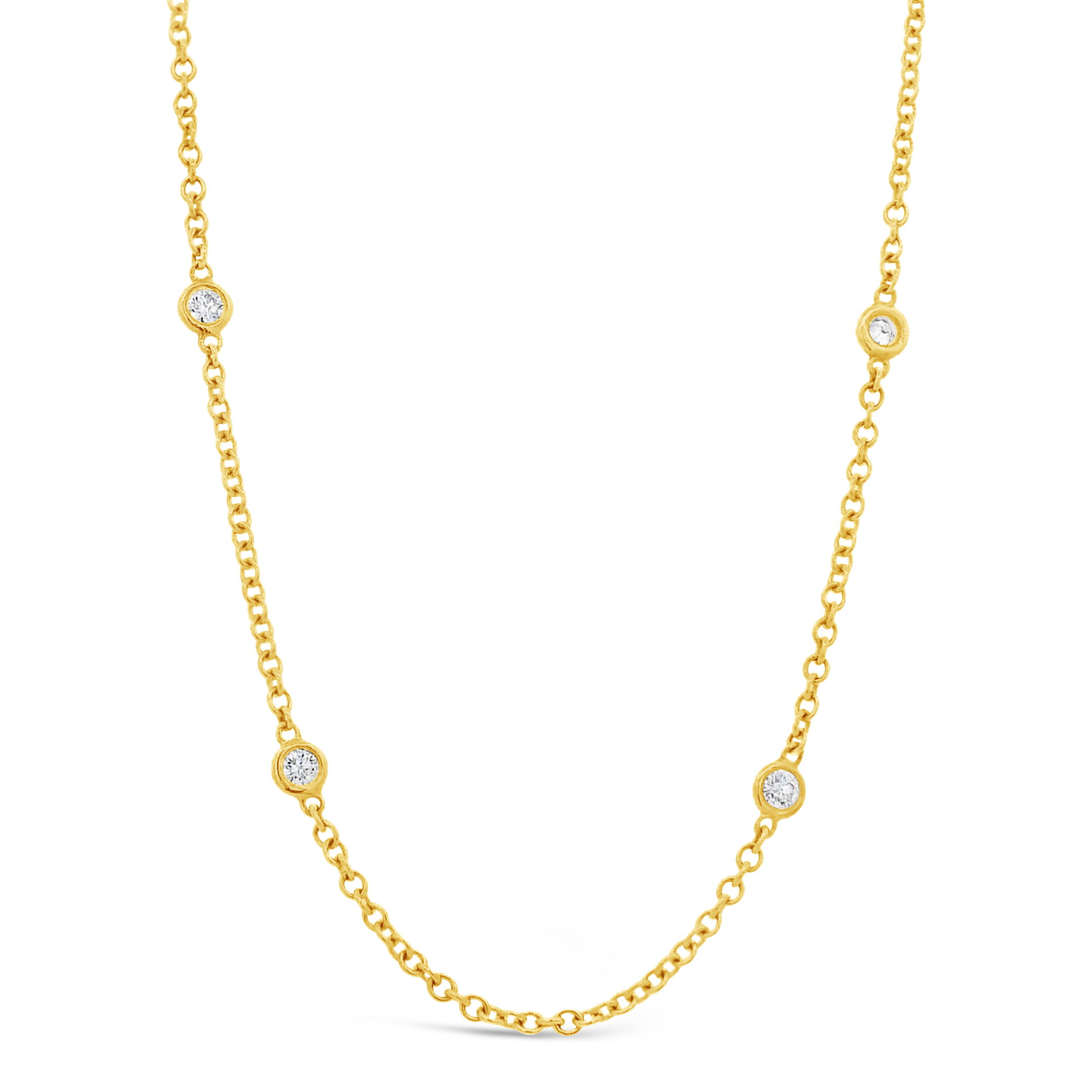 Norman Covan's 18k yellow gold diamond station necklace is an elegant statement for any outfit. Whether speaking for itself, or displaying a favorite pendant, this necklace delivers a punch of sparkle. -18k Yellow gold-Diamonds, 0.24ctsLength 16"Item# 804-2000409 Gold Diamond Station Chain