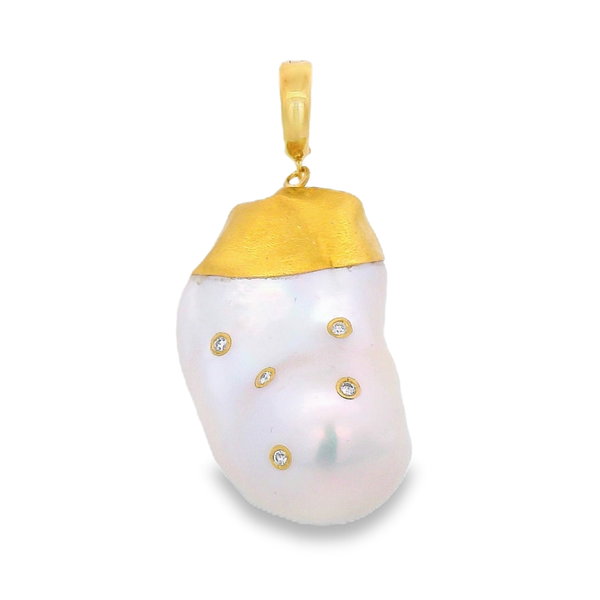Everyday pearl pendant with diamonds in 24k and 14k yellow gold