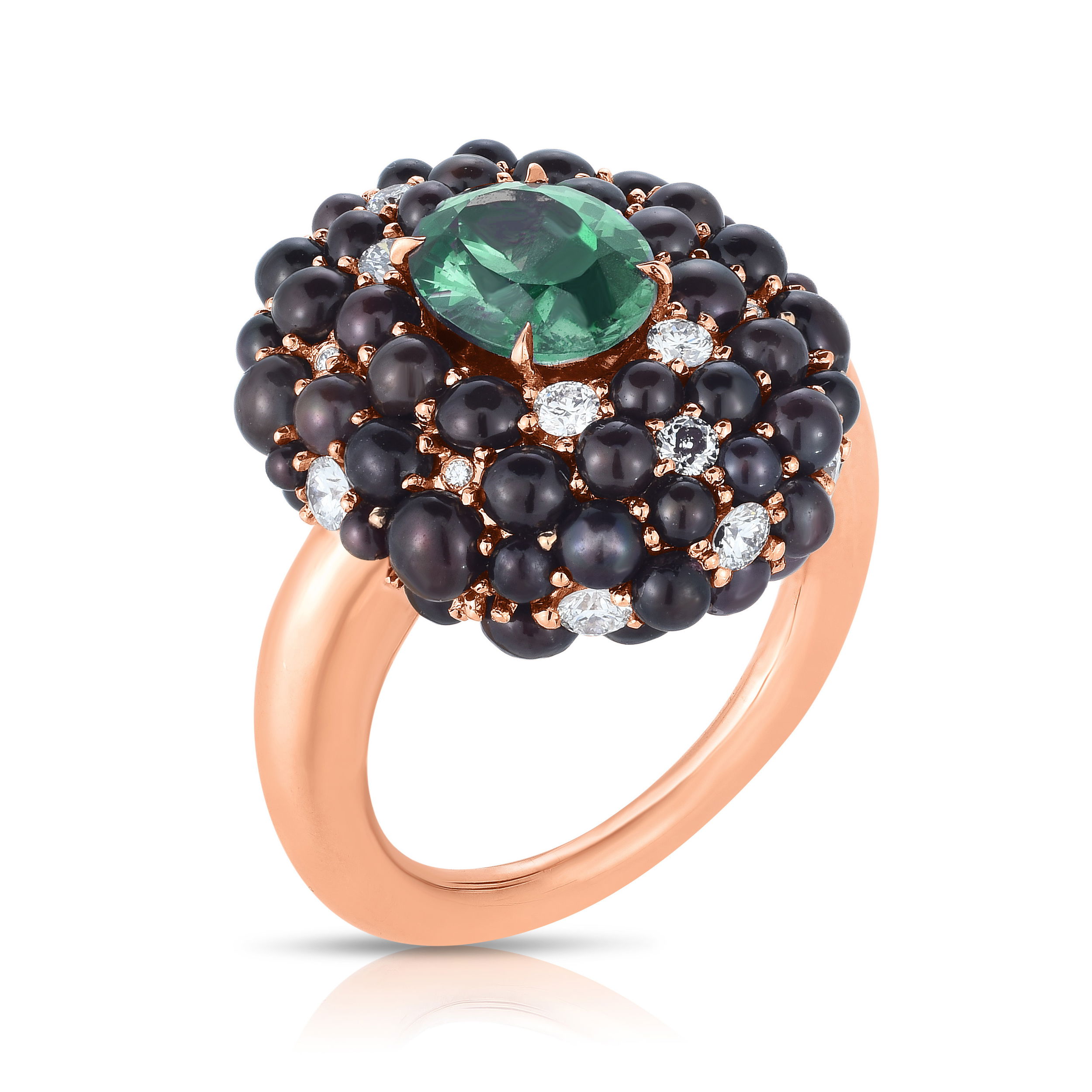 This artistic cocktail ring composed of 18 karat gold, combines an interesting blend of textures with tourmaline and pearl. Add a touch of glamour to any outfit with this one-of-a-kind ring! Cicada atelier is located in the heart of the New York City jewelry district on 47th street, where each unique piece is meticulously handcrafted.-18k Rose gold-Prong set green tourmaline, 2.30cts-Halo composed of black pearls and colorless diamonds-Contact for sizing options-Item# 200-2000167 Caviar Ring