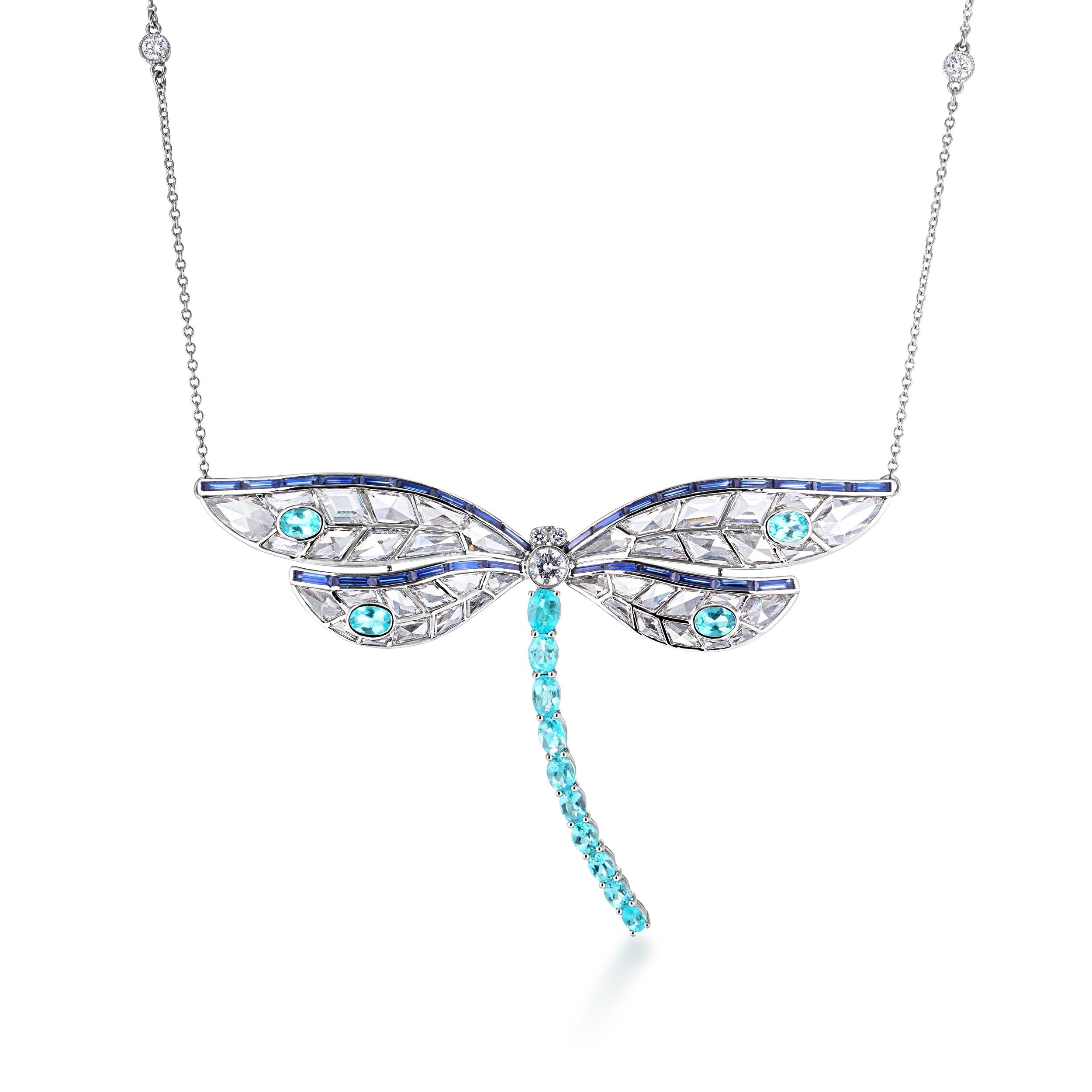 Delicate and dazzling, this Cicada pendant captures the grace of a dragonfly in flight. Set in platinum with brilliant Paraiba tourmalines, sapphires, and diamonds, each wing shimmers with movement and color—a piece as ethereal as it is intricate. Cicada atelier is located in the heart of the New York City jewelry district on 47th street, where each unique piece is meticulously handcrafted. -Platinum-Paraiba tourmaline, 2.05cts-Blue sapphire, 1.35cts-Diamond, 4.38ctsItem# 807-2000413 Gemstone Dragonfly Necklace