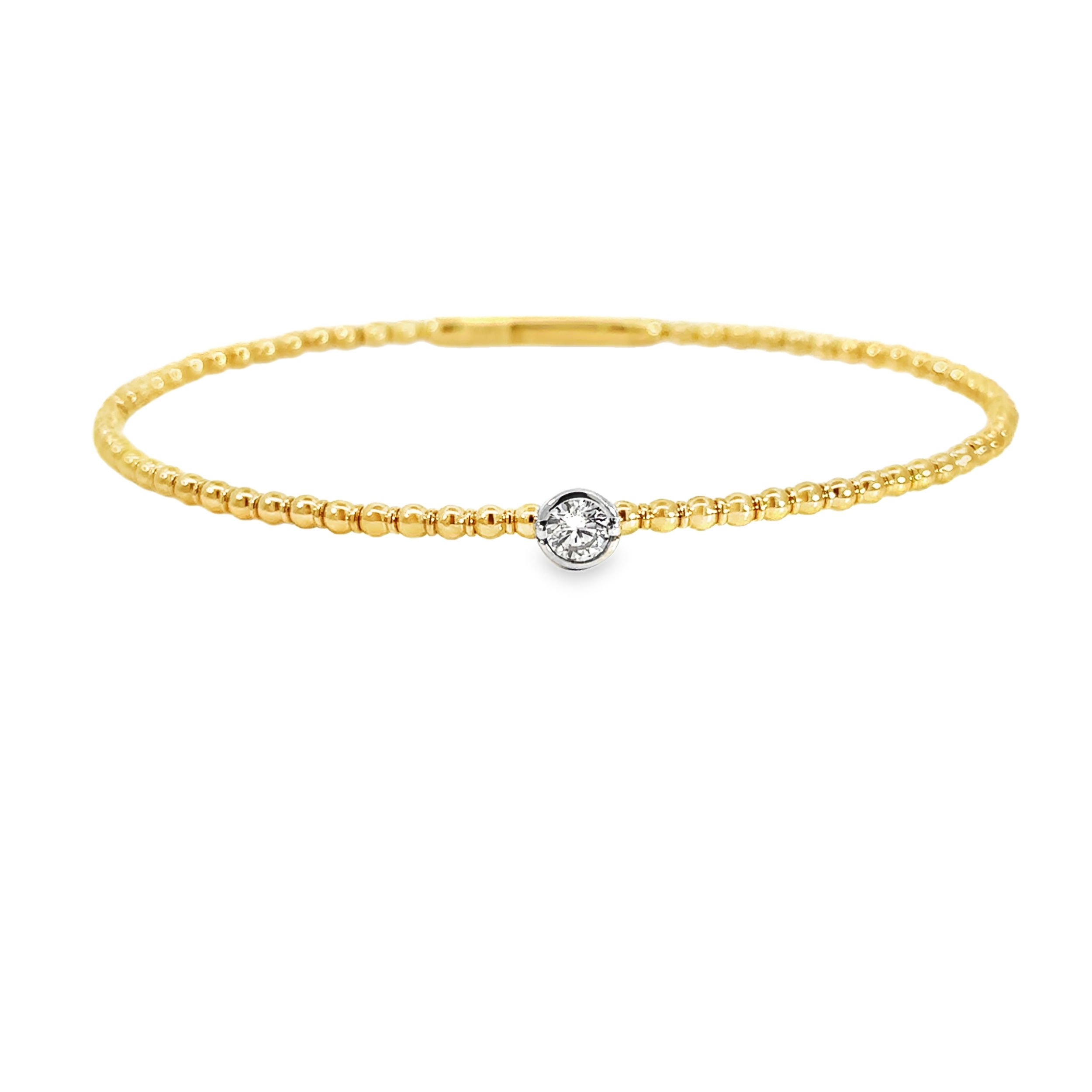 This flex bracelet shows off its gorgeous solitaire diamond by surrounding it with 14k white and yellow gold. Perfect for layering with other bracelets or wearing alone.14k White and yellow gold-Diamond, 0.23ctsItem# 808-2000339 Solitaire Diamond Flex Bracelet