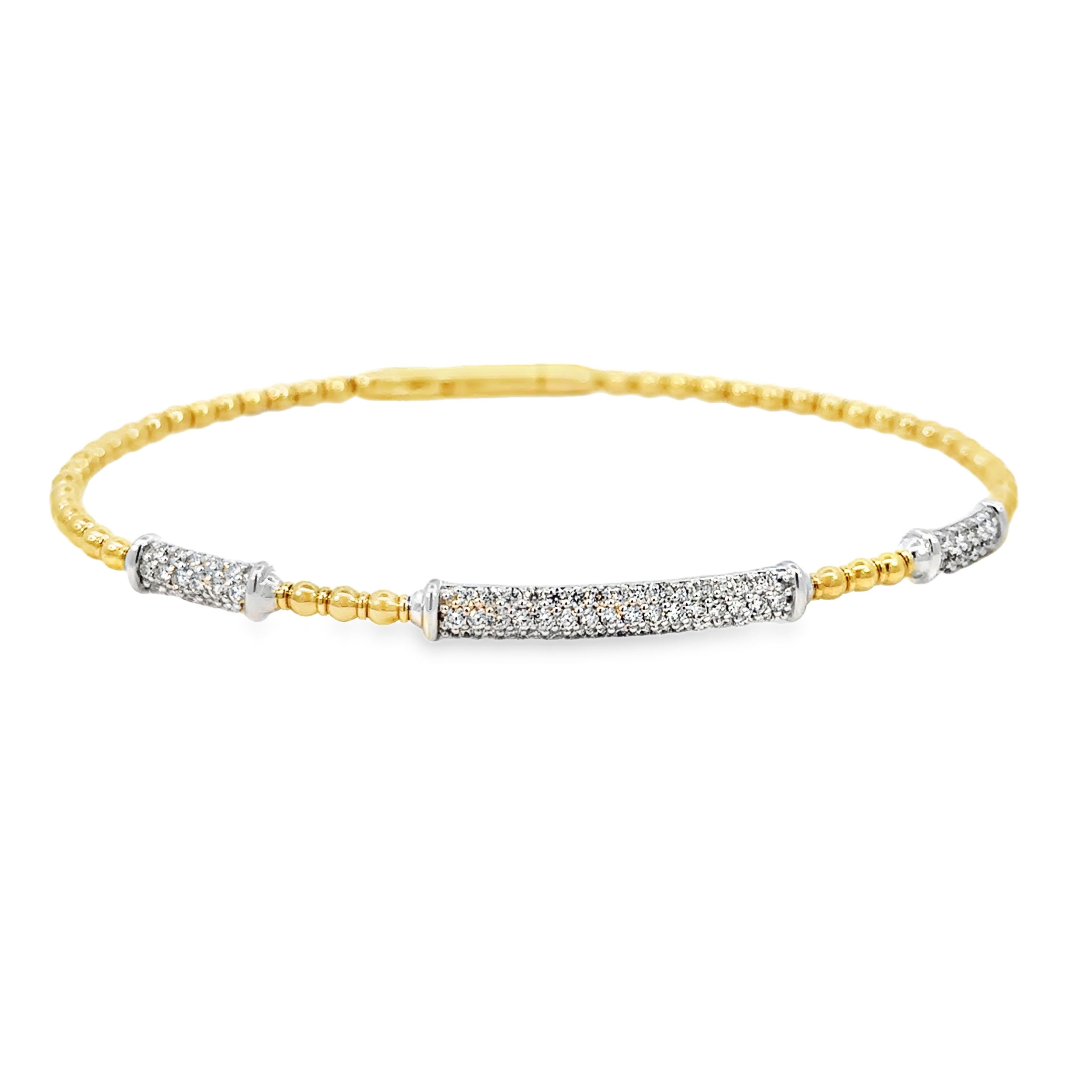 This Diamond Flex Bracelet blends 14k white and yellow gold with captivating diamonds, offering a luxurious look. Don’t miss out – this exquisite bracelet is a timeless statement piece perfect for adding a touch of brilliance to your collection.14k White and yellow gold-Diamonds, 0.68ctsItem# 808-2000344 Diamond Flex Bracelet