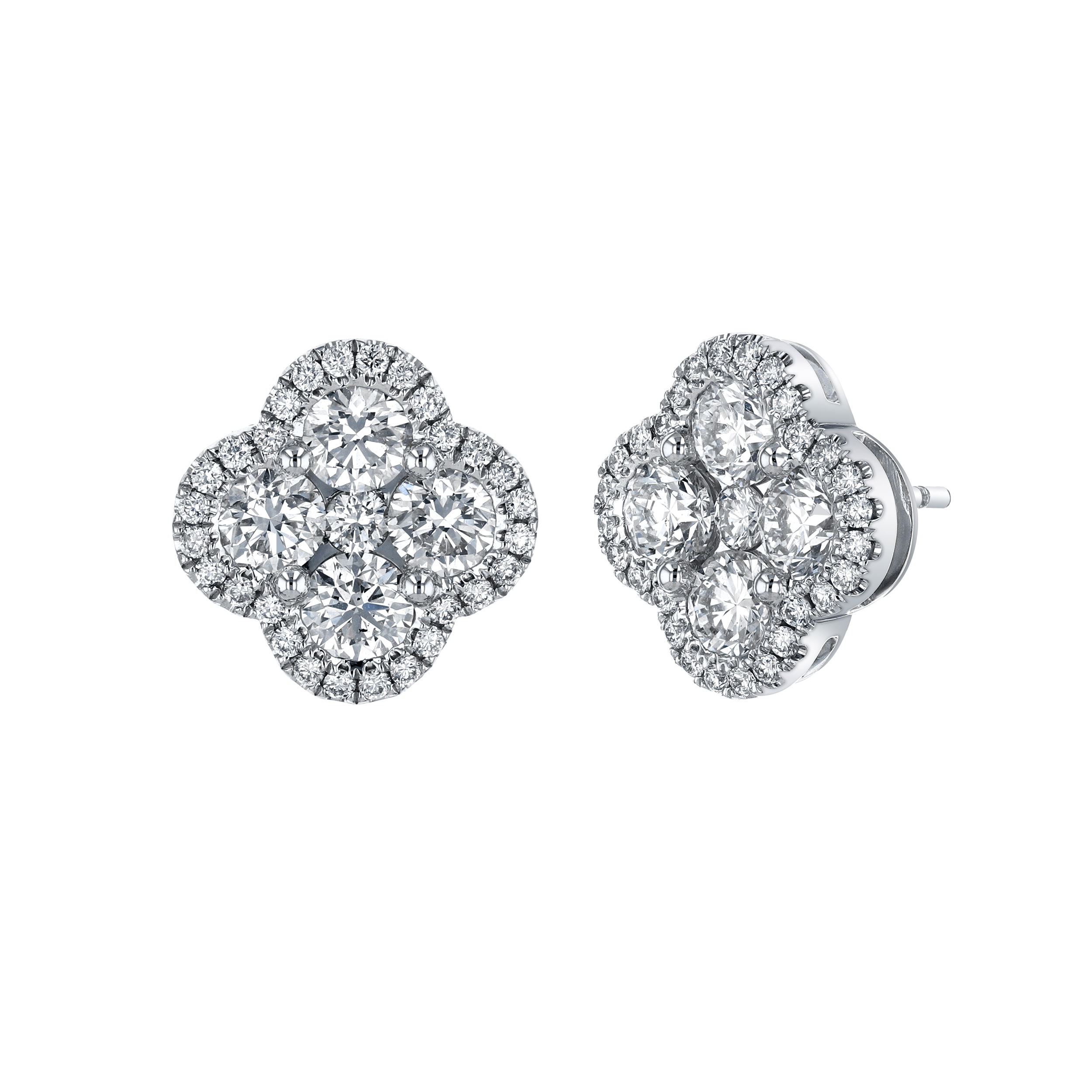 Perfect for adding a touch of refined beauty to both everyday and special occasion looks, these earrings offer a blend of modern charm and classic allure. Secure butterfly backings ensure a comfortable and confident fit. Indulge in the allure of diamond brilliance and the enduring elegance of white gold with these stunning clover studs.-18k White gold-Round diamonds, 1.93ctsItem# 150-2000129 Diamond Clover Stud Earrings
