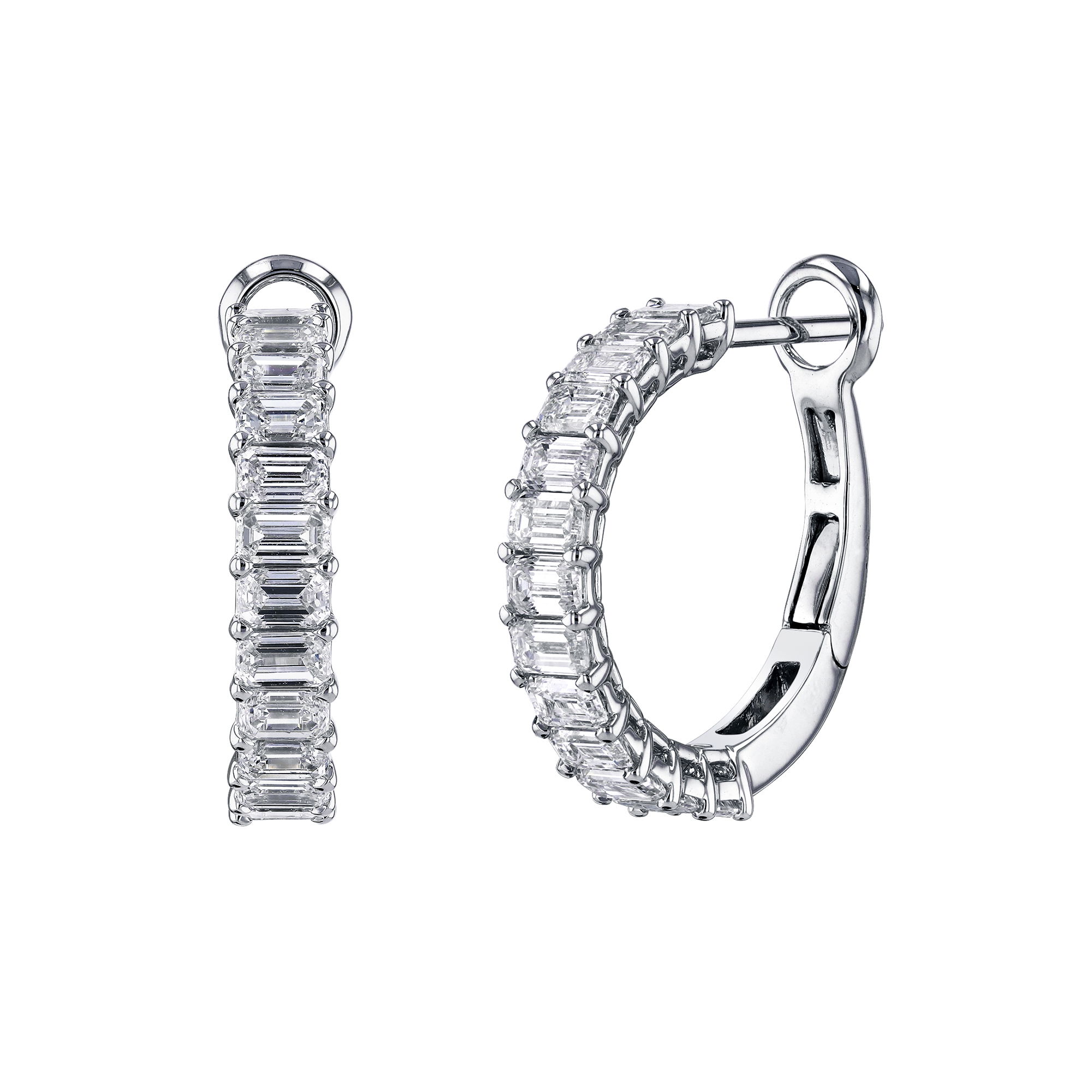 Each earring features a stunning sequence of east-west set emerald-cut diamonds, gracefully lining the front half of the hoop for a modern twist on classic sophistication. Perfect for special occasions or enhancing your everyday look, these hoops are a timeless addition to any jewelry collection.-18k White gold-Emerald diamonds, 6.46ctsItem# 150-2000131 East West Emerald Cut Diamond Halfway Hoop Earrings