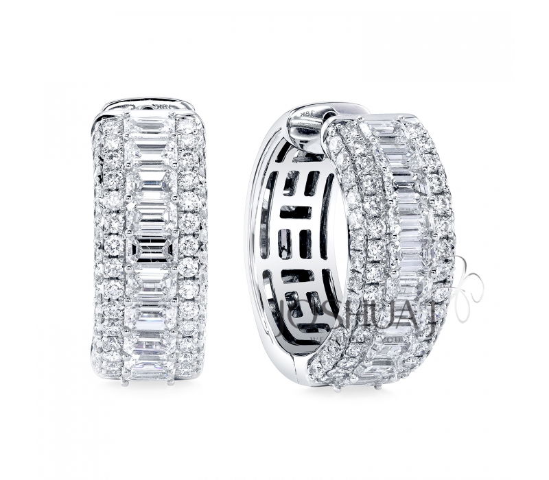 Emerald Cut Diamond Hoop Earrings with Pave Halo